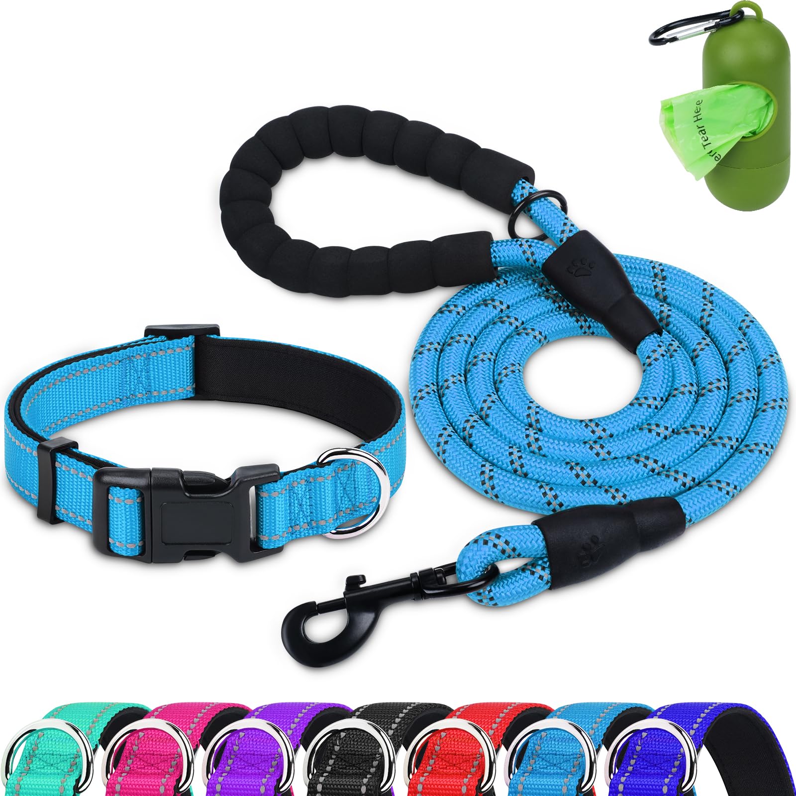 Dynmeow Reflective Dog Collar and Leash Set, 6FT Strong Climbing Rope Leash with Padded Handle, Adjustable Pet Collar with Soft Neoprene Padding for
