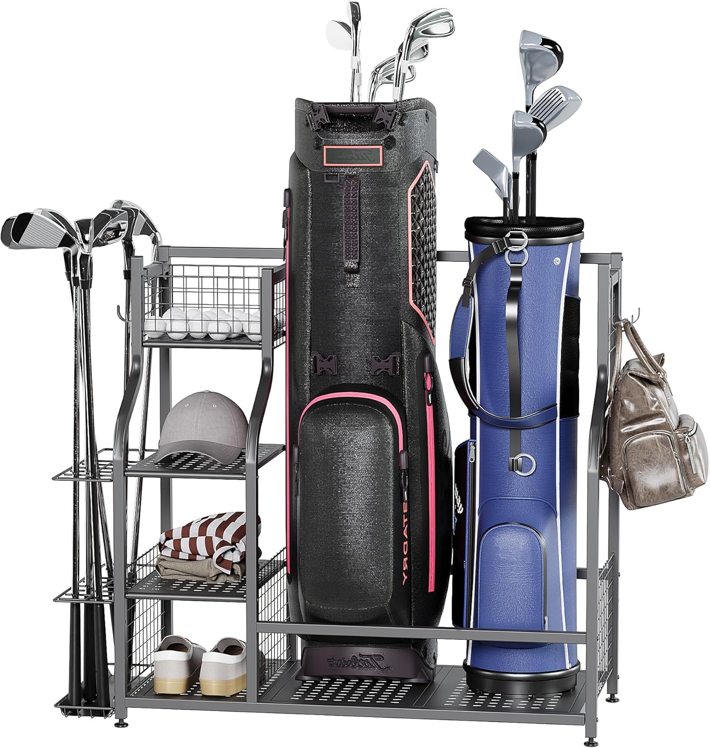 KUAFU Golf Bag Storage Garage Organizer, Extra Large Golf Bag Stand Fit for 2 Golf Bags, Golf Balls and Other Golfing Equipment Rack, Steel Golf Bag Club Storage Rack for Garage, Shed and Basement