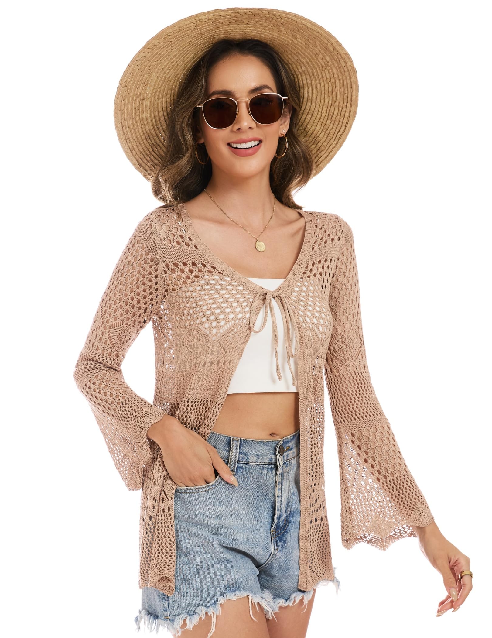 Cardigan long en tricot pour femme, col en V, cardigan avec motif perforé, cordon de serrage, léger et aéré, veste au crochet pour bikini