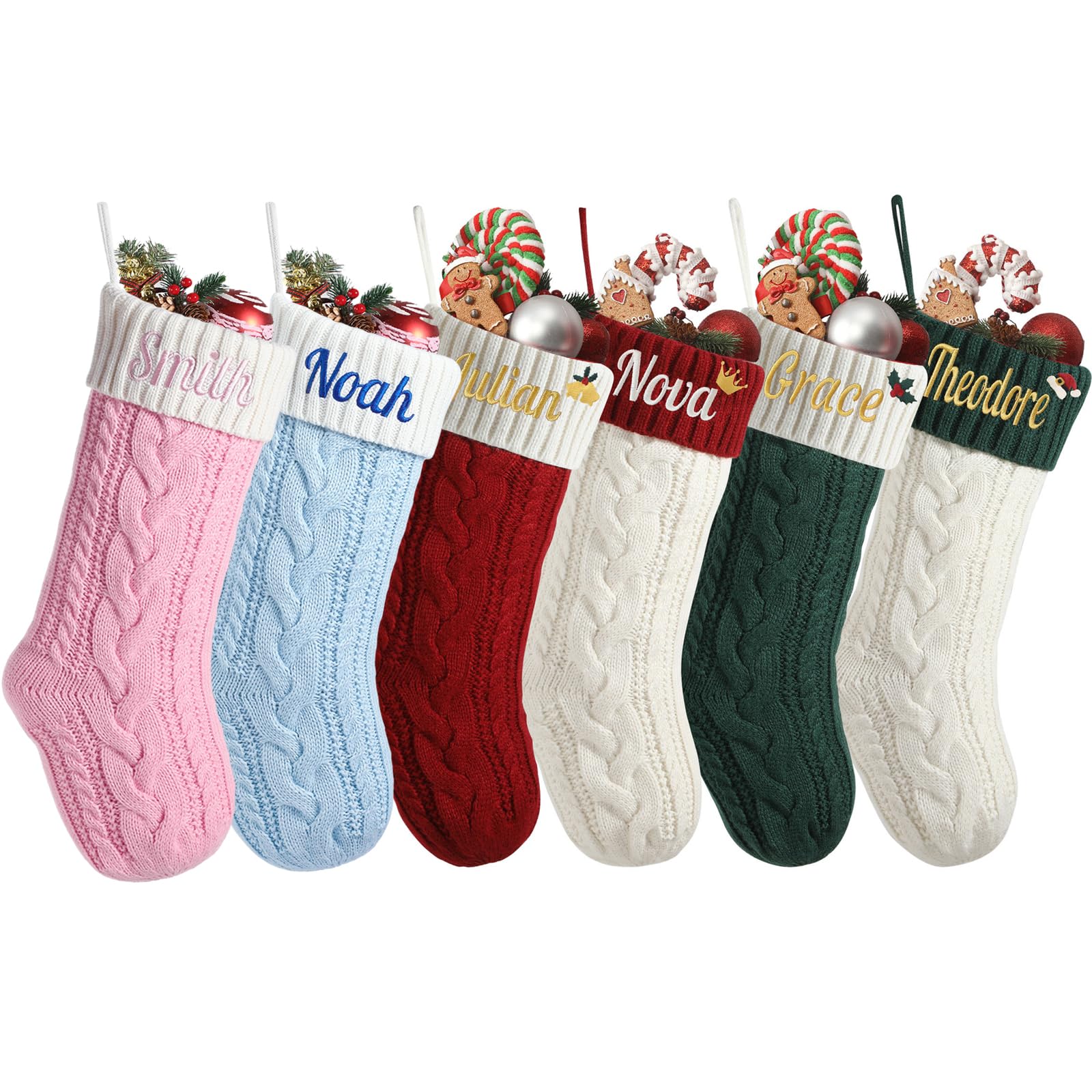 Infiher Personalised Christmas Stockings with Embroidered Name,Custom Pink Blue Knitted Christmas Stocking for Baby Kids Girl Family,3 Pack 18” Large Xmas Stockings for Fireplace or Holiday Decor — image 1