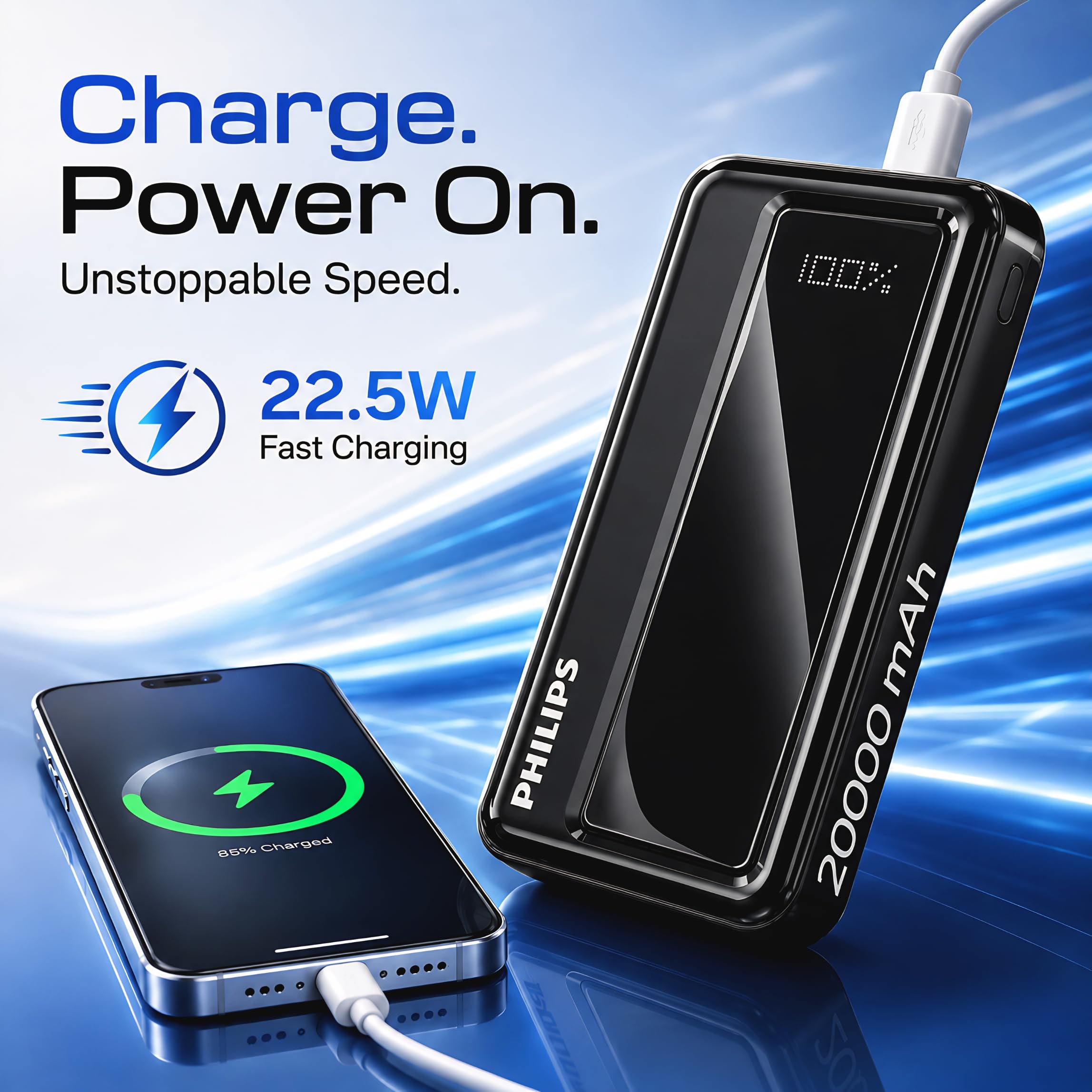 Philips 20000mAh 22.5W Fast Charging Power Bank (Slate Black) with Digital LED Display | Type-C & USB-A Input/Output | 3 Output Ports | Lithium Polymer | Portable for Mobile, Tablet & Earbuds — Amazon image 5