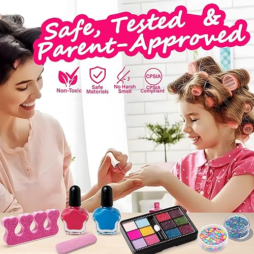 Miniatura 8 de Juego de juguetes de maquillaje para niñas de 3 a 10 años, kit de cosméticos lavable real con espejo y bolsa, juguetes de belleza para niños