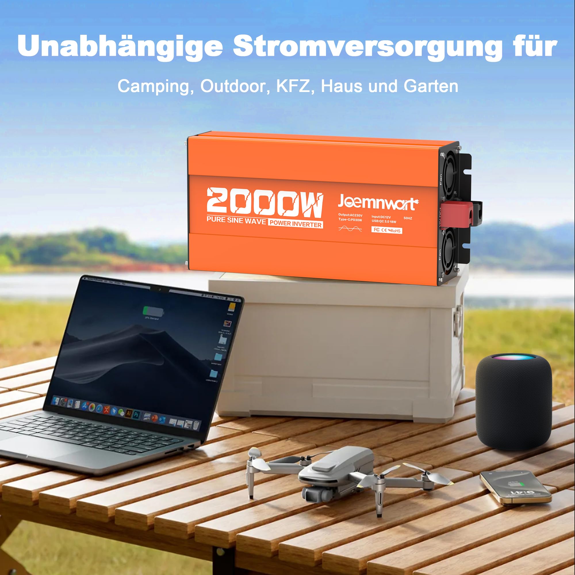 Inverter a Sinusoide Pura da 2000W, 12V a 230V con Display LCD, Potenza di Picco 4000W, ideale per laptop, ventilatori e altro