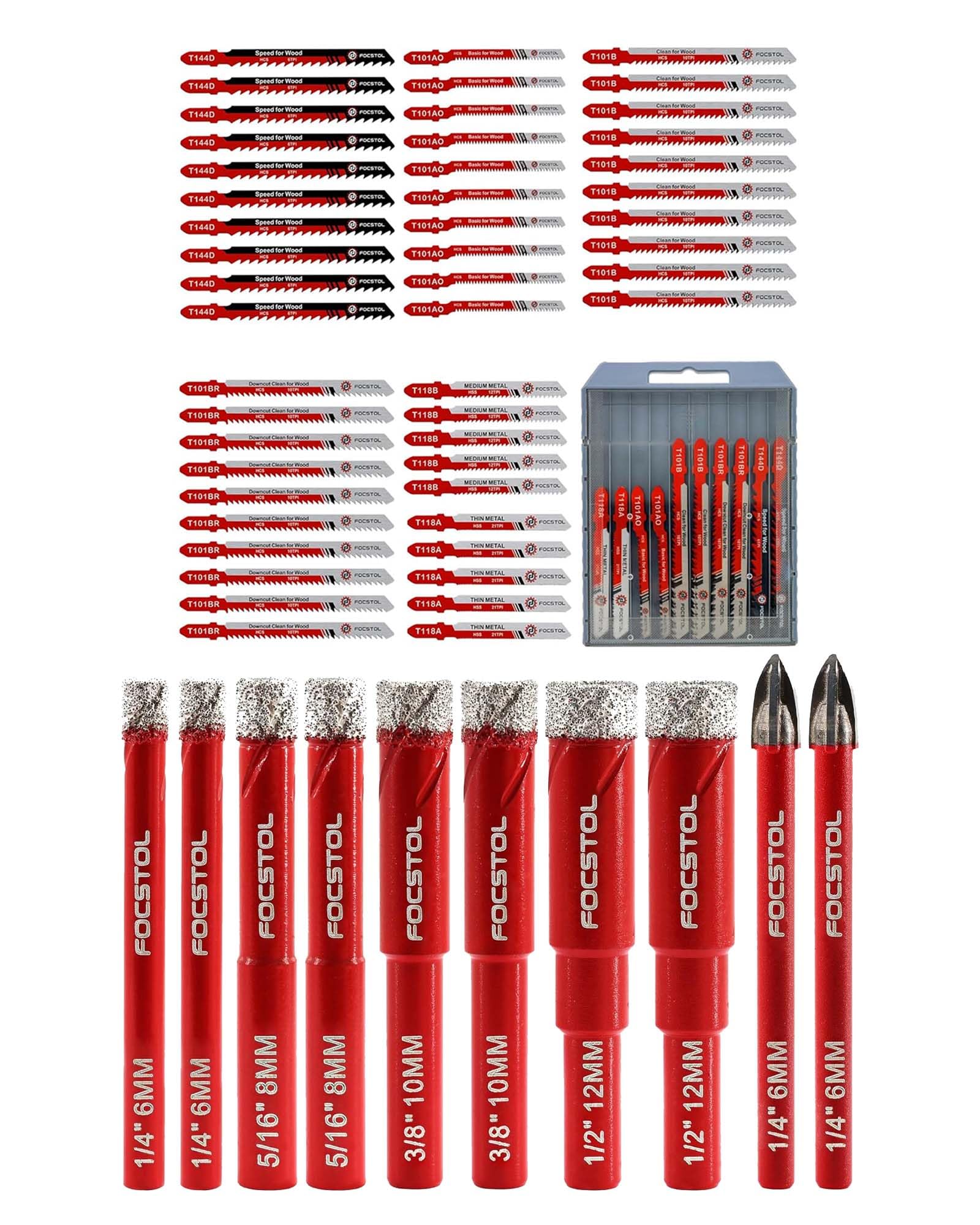 FOCSTOL Set Punte Trapano Diamantate 10 pezzi (6mm*2+8mm*2+10mm*2+12mm*2+6mm*2) e Set di Lame per Seghetto Alternativo 50 Pezzi HSS/HCS Lame
