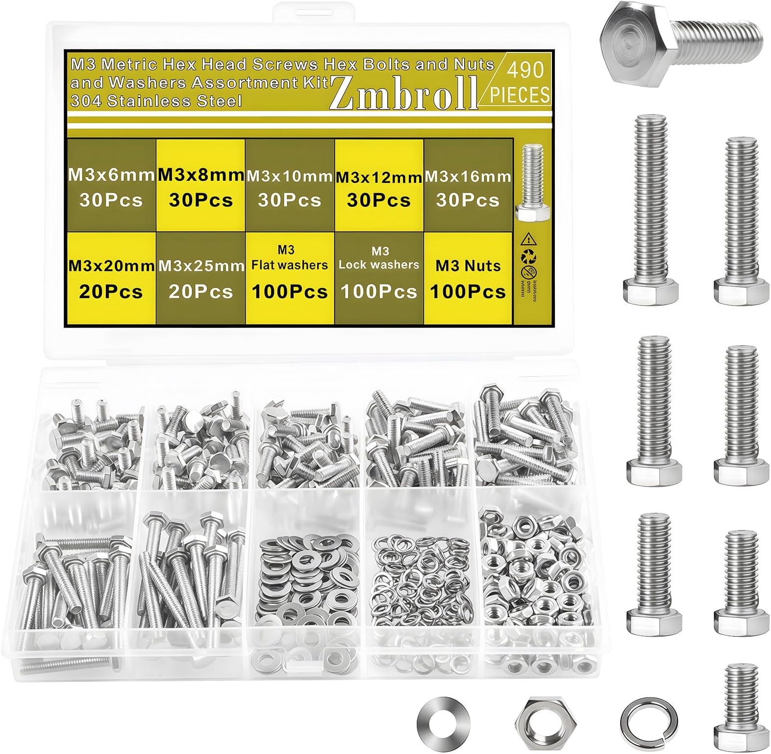 M3 Hex Head Bolts 490Pcs Metric Heavy Duty Hex Cap Bolts and Nuts Flat and Lock Washers Kit M3x6/8/10/12/16/20/25mm 304 Stainless Steel Fully Thread External Hex Drive Fasteners