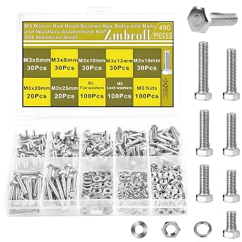 M3 Hex Head Bolts 490Pcs Metric Heavy Duty Hex Cap Bolts and Nuts Flat and Lock Washers Kit M3x6/8/10/12/16/20/25mm 304 Stainless Steel Fully Thread External Hex Drive Fasteners
