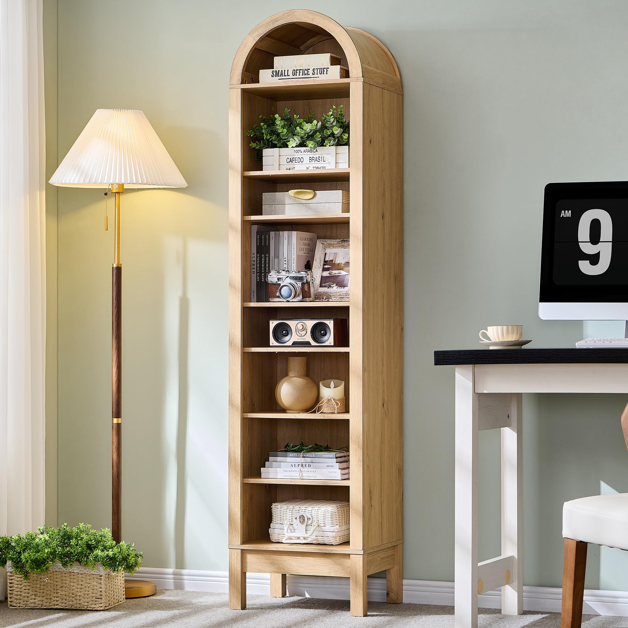 71" tall arched bookshelf, 8 tiers arch bookcase with storage, modern farmhouse book shelf with adjustable shelves, wood bookshelf w/open display shelves for living room, office (natural)