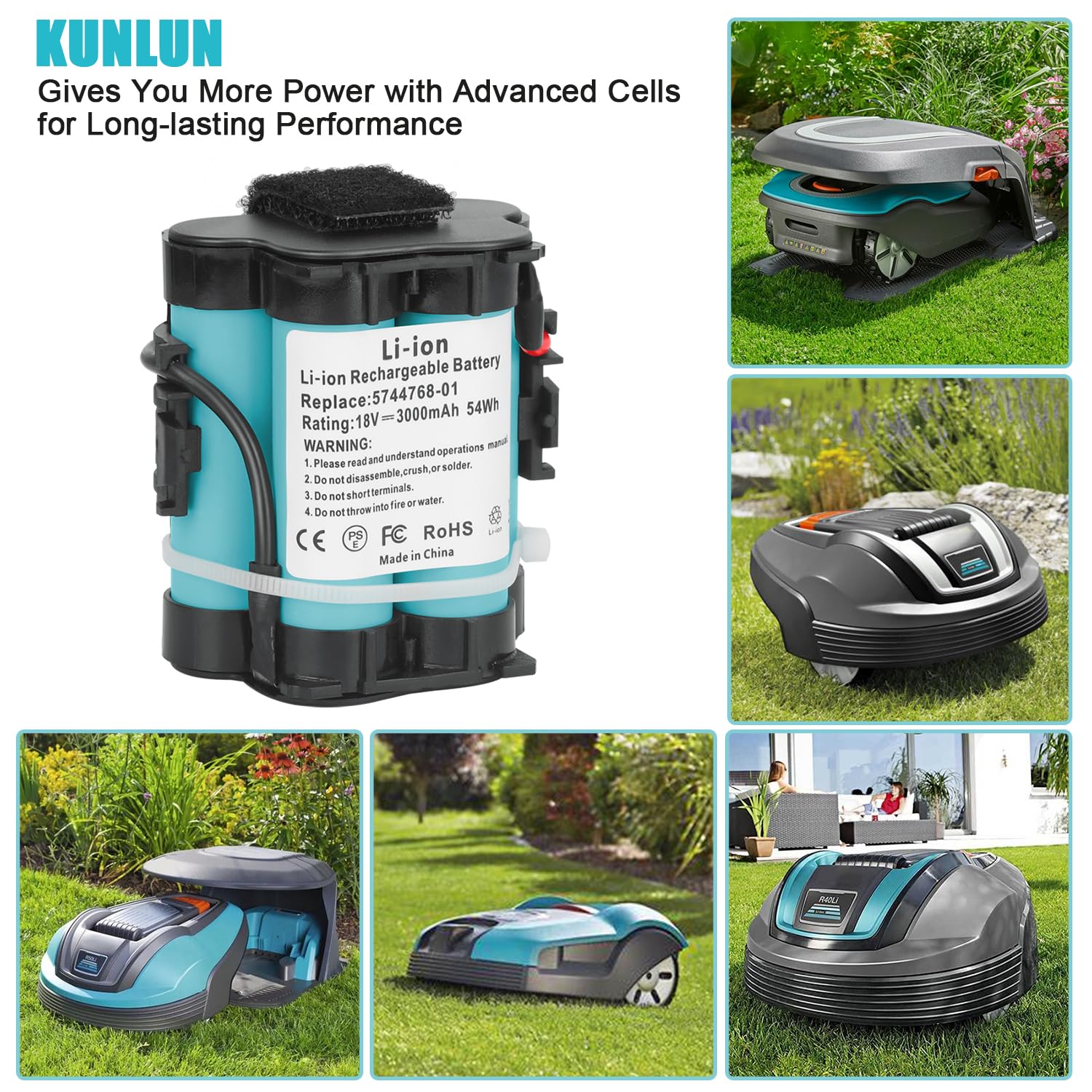 KUNLUN 3.0Ah 18V Lithium Ersatzakku für Gardena Mähroboter R38Li R40Li R45Li R50Li R70Li R75Li R80Li, für Husqvarna Automower 105 305 308 308X, für McCulloch ROB R600 R800 R1000