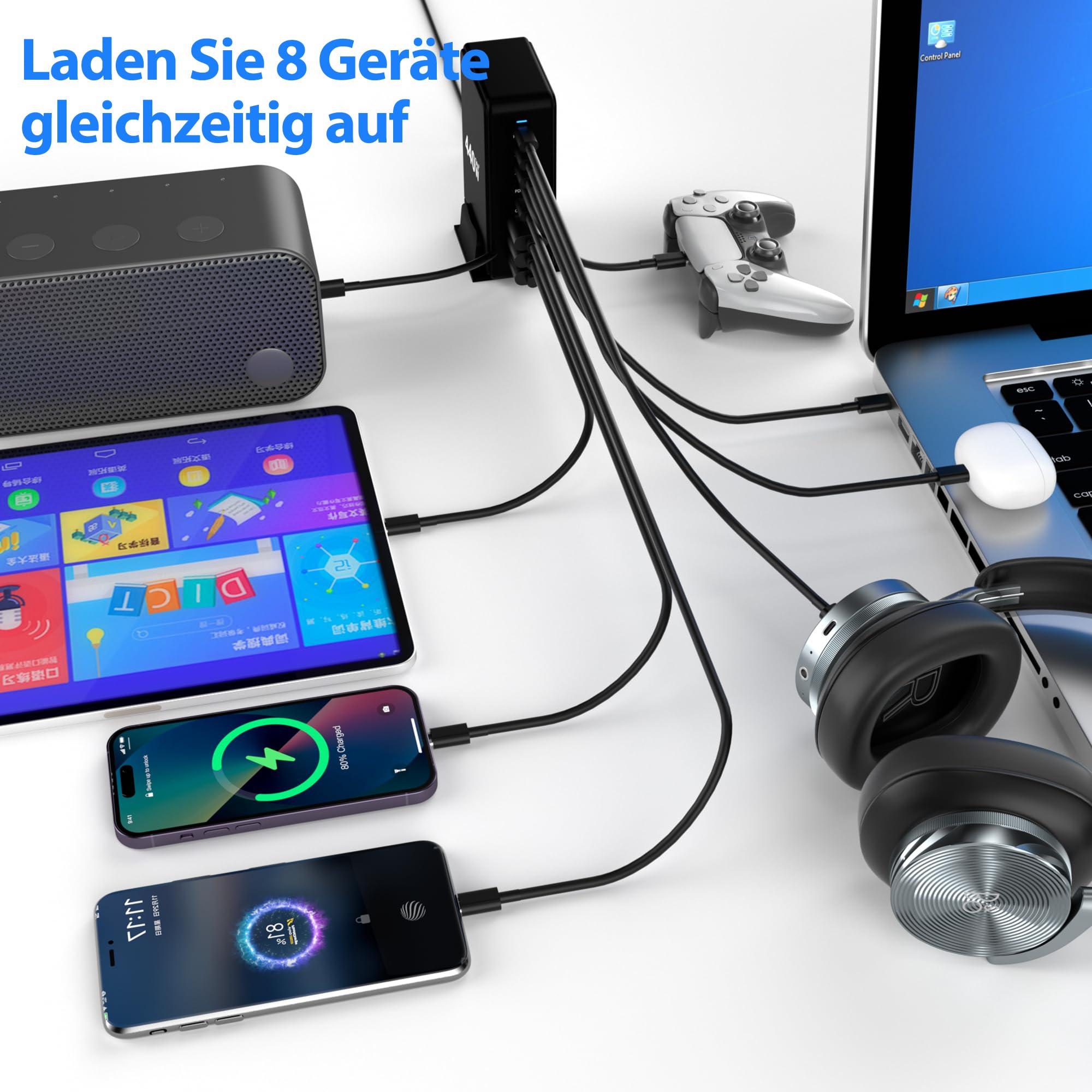 Stazione di ricarica USB C, 440 W, 8 porte, 5 USB-C, 3 USB-A, tecnologia GaN, per telefoni cellulari, laptop, tablet, cuffie