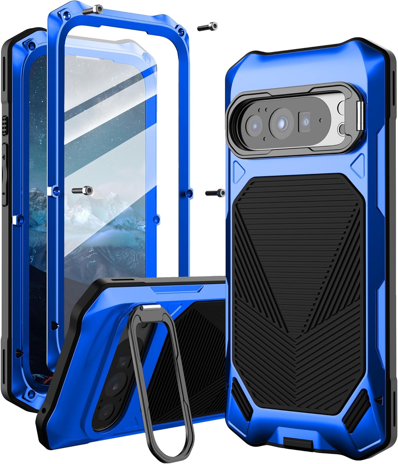 for Google Pixel 10 Pro XL/9 Pro XL Metal Case with Camera Cover Kickstand, Built-in Tempered Glass Screen Protector, Heavy Duty Military Grade Shockproof Full Body Case 2025 (Blue)