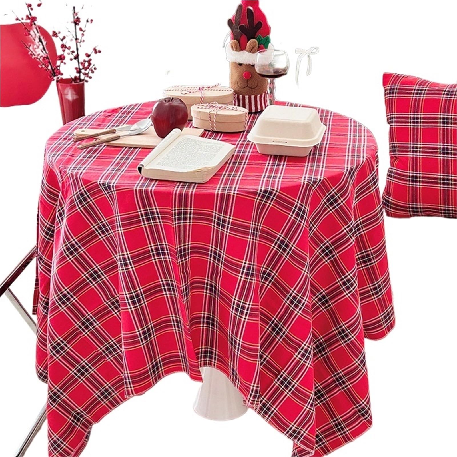tovaglia natalizia Tablecloth Retro Plaid Style Dining Table Covers Xmas Cloth Year Supplies Photo Prop Tablemat Home Deco(Red,140x140cm)