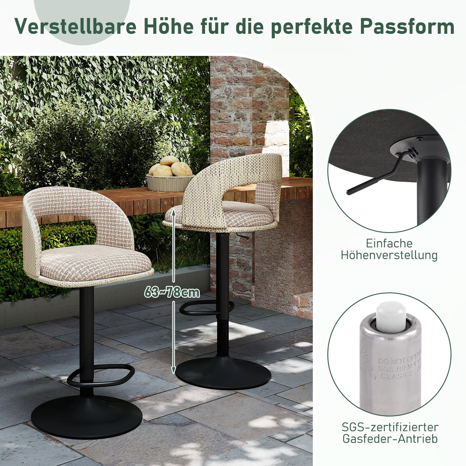 2er-Set Barhocker für den Außenbereich mit Schutzhüllen wasserdicht, höhenverstellbar, mit hohler Rückenlehne, drehbar, für Garten und Terrasse, wetterfester Textilene-Stoff, Leinen-Karomuster