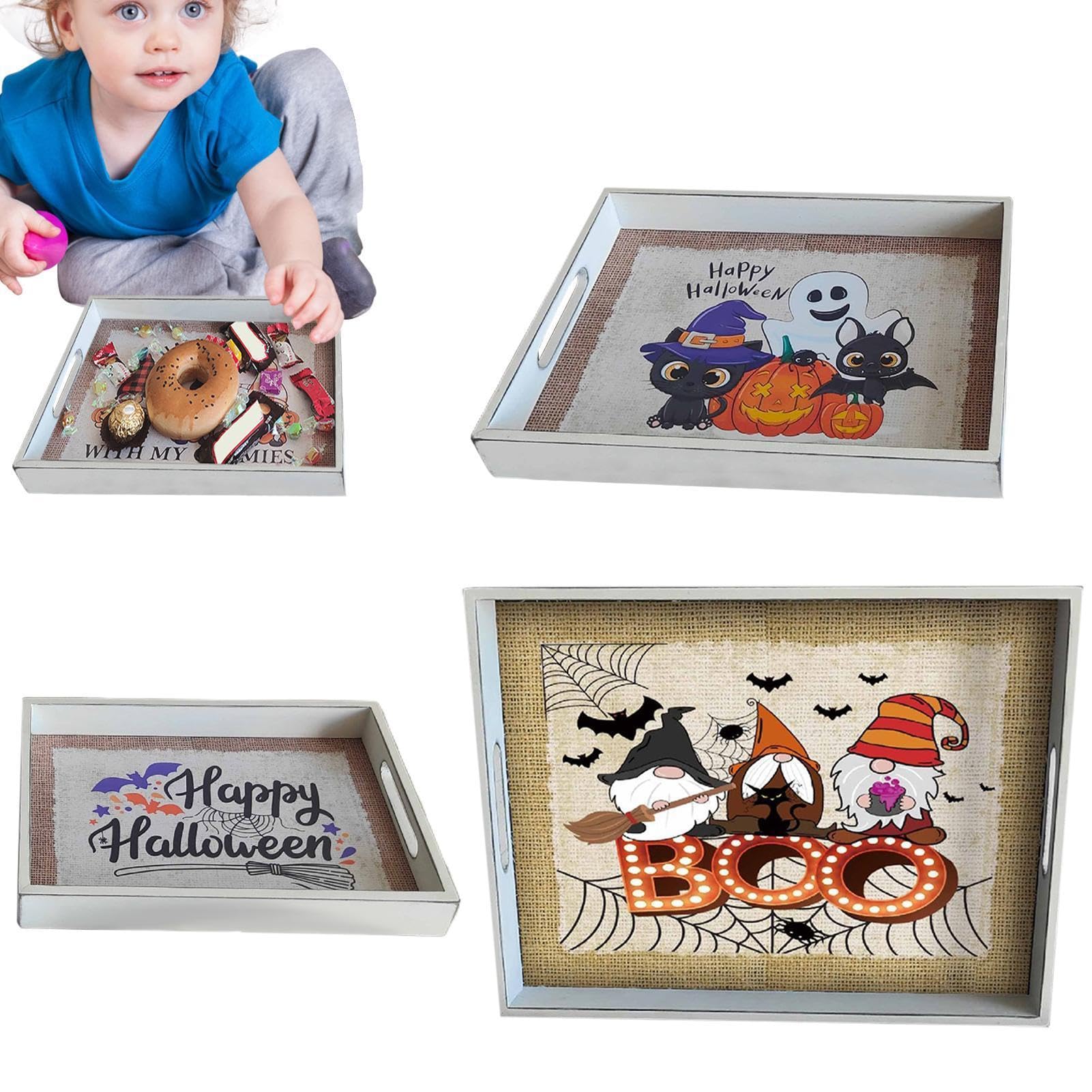 Generico Vassoio Servizio Halloween Set da 3 Organizer in Legno con Manico