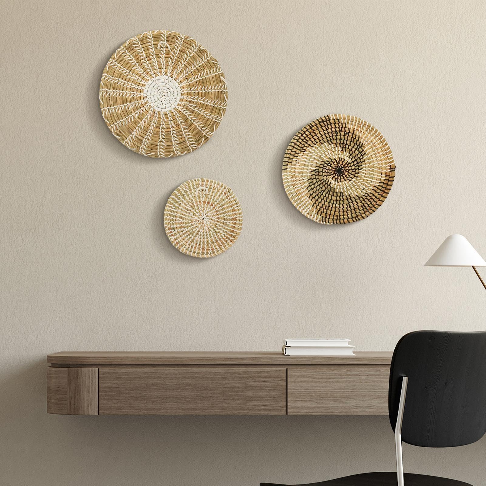 Genérico Decoración de pared de cesta tejida | Juego de 3 cestas tejidas para decoración de pared, cestas planas de mimbre Natural para colgar, decoracións bohemia para sala de estar o dormitorio