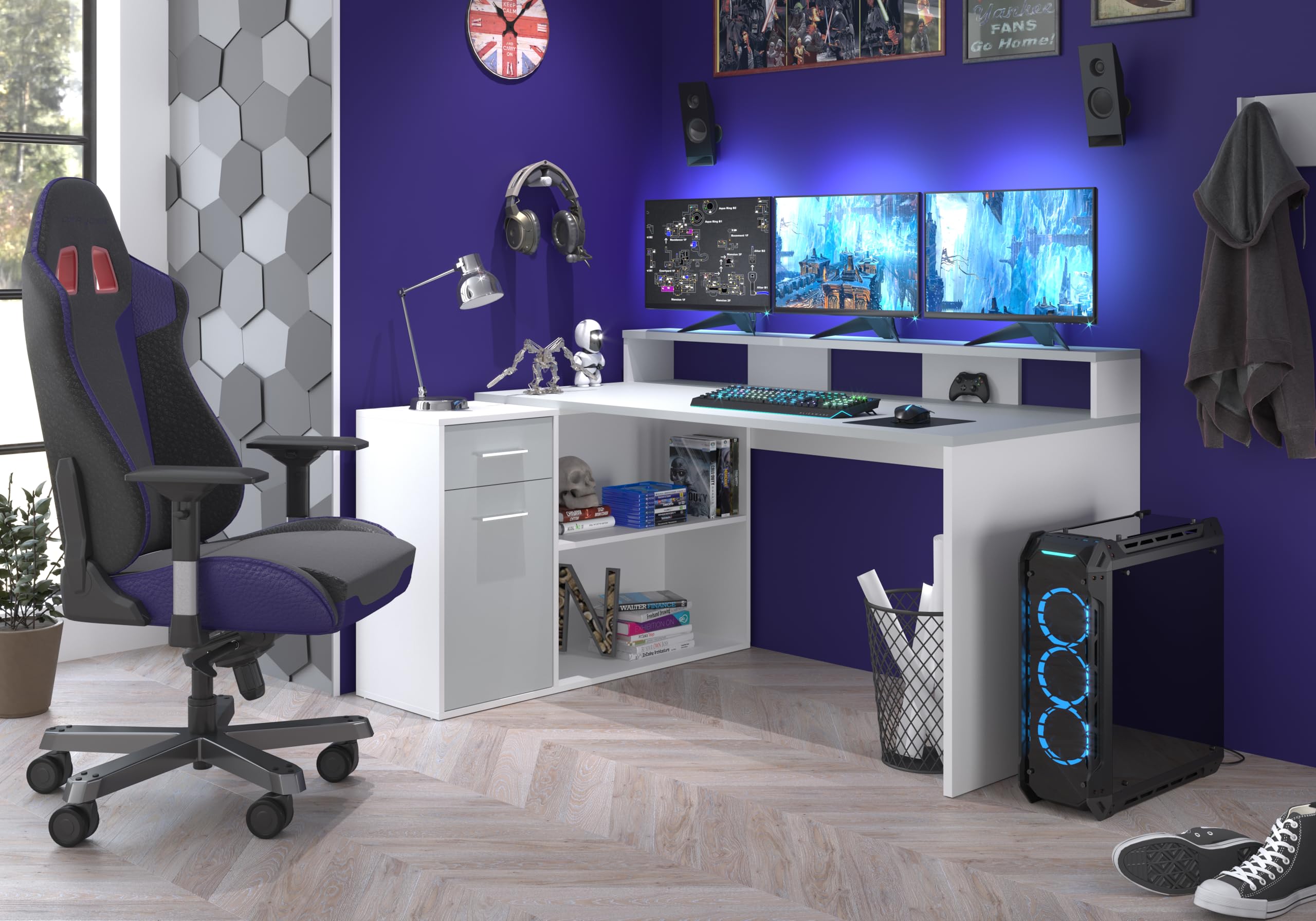 trendteam smart living - Table de Jeu - Bureau - Taille de la Configuration Gamer (LxHxP) 160 x 92 x 115 cm - Couleur Blanc et Gris Clair - 203900703