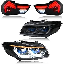 letsdate Headlights and Taillights Combo Set For Bimmer 3-Series E90 E91 LCI 2009-2012 w/Dynamic Animation, Only Fit Halogen Models, Tint Smoke Rear Lights