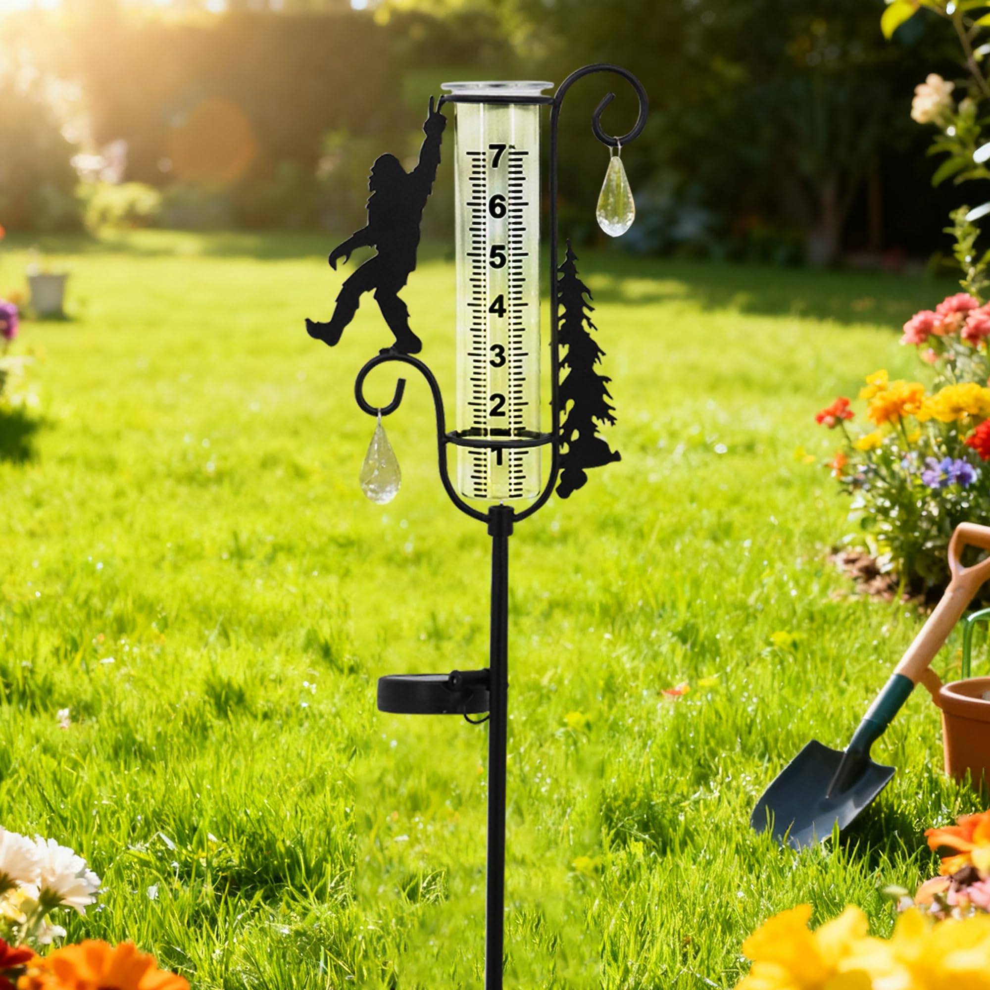 Regenmesser für den Außenbereich, Metall, schwarz, Sasquatch-Solar-Lichtpfahl mit Regenmessern, dekorativ, Garten, Rasen, Hof, Dekoration, 17,8 cm Glasrohr, Geschenke für Wetterbegeisterte
