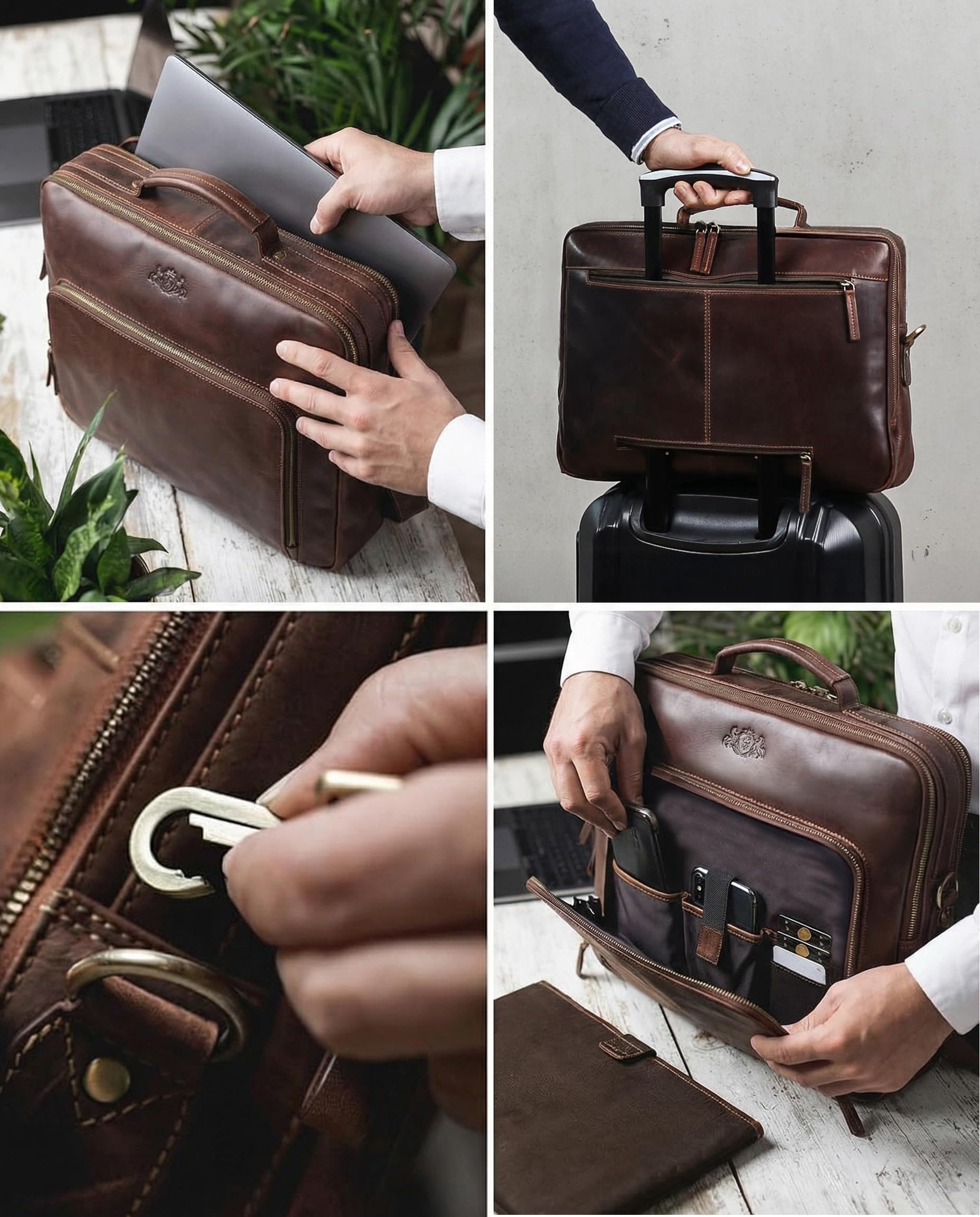 SID & VAIN große Laptoptasche mit Frontfach echt Leder - 15 bis 17 Zoll Laptop Business-Tasche SIMON XL - Umhängetasche Aktentasche extra Laptop-Hülle - Herren Damen braun handgefertigt