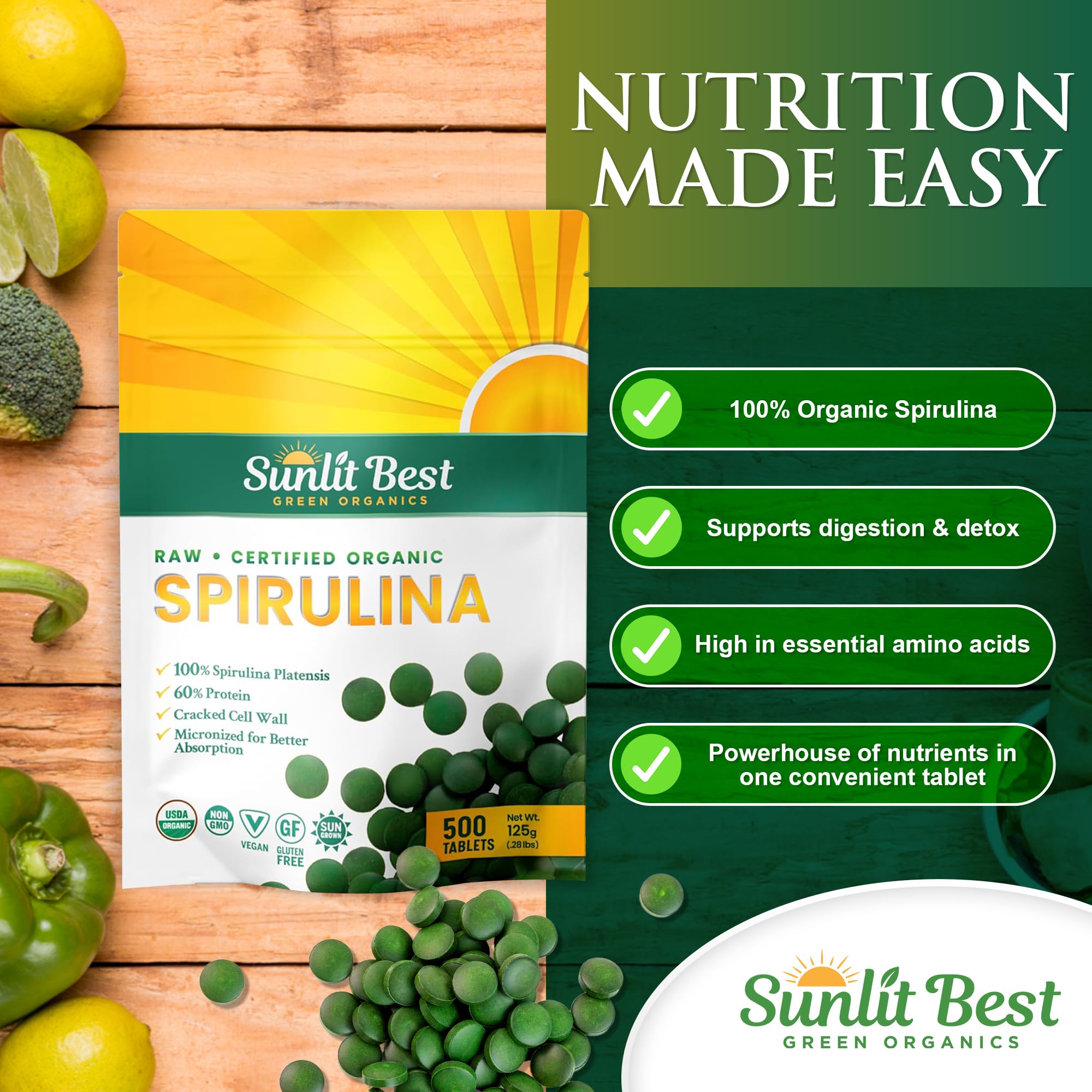 Sunlit Best Organic Spirulina Tablets, Pure Natural Superfood Pills, 500 CT — Amazon image 4