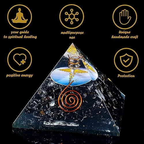 Miniatura 4 de Crocon Pirámide de orgón de piedras preciosas de turmalina negra con símbolo de caduceo para equilibrio de piedras de chakras, cristal de reiki,