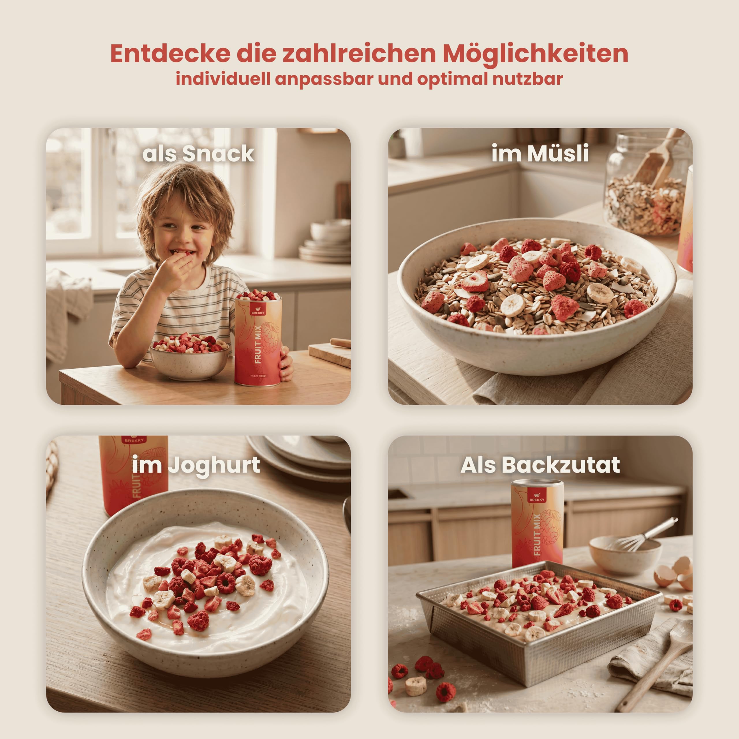 BREKKY - Gefriergetrocknete Früchte Mix - Erdbeeren, Bananen & Himbeeren - 100% natürliche Trockenfrüchte ohne Zuckerzusatz - vegan, ballaststoffreich & extra knusprig