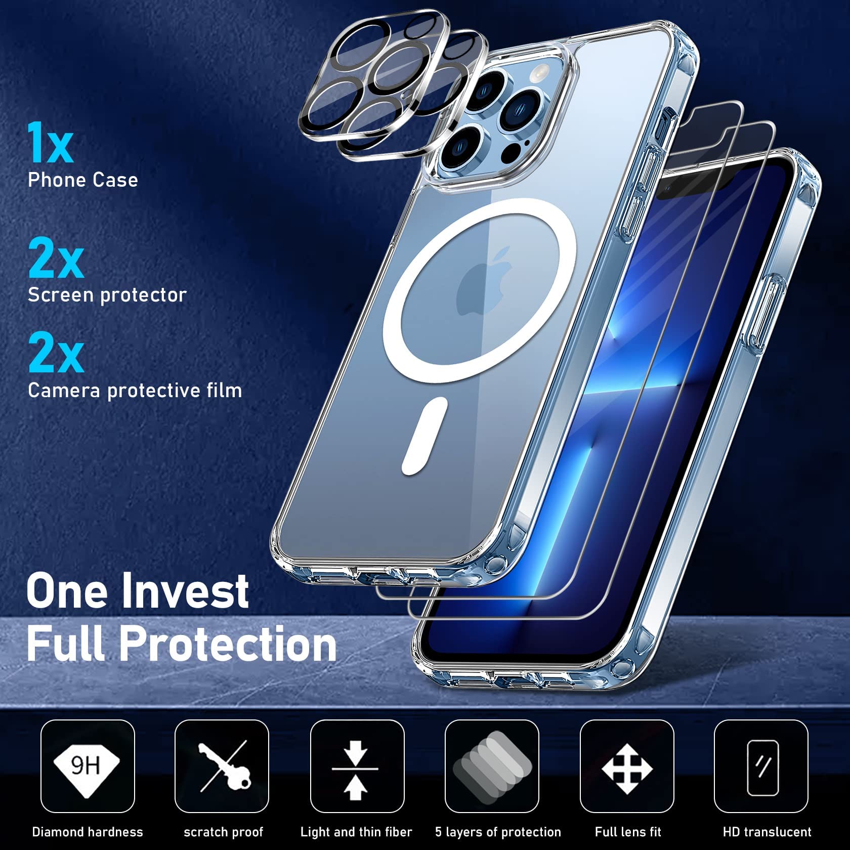 Custodia Magnetica IPhone 13 5 In 1 - Con 2 Vetri Temperati E 2 Pellicole Fotocamera, Trasparente