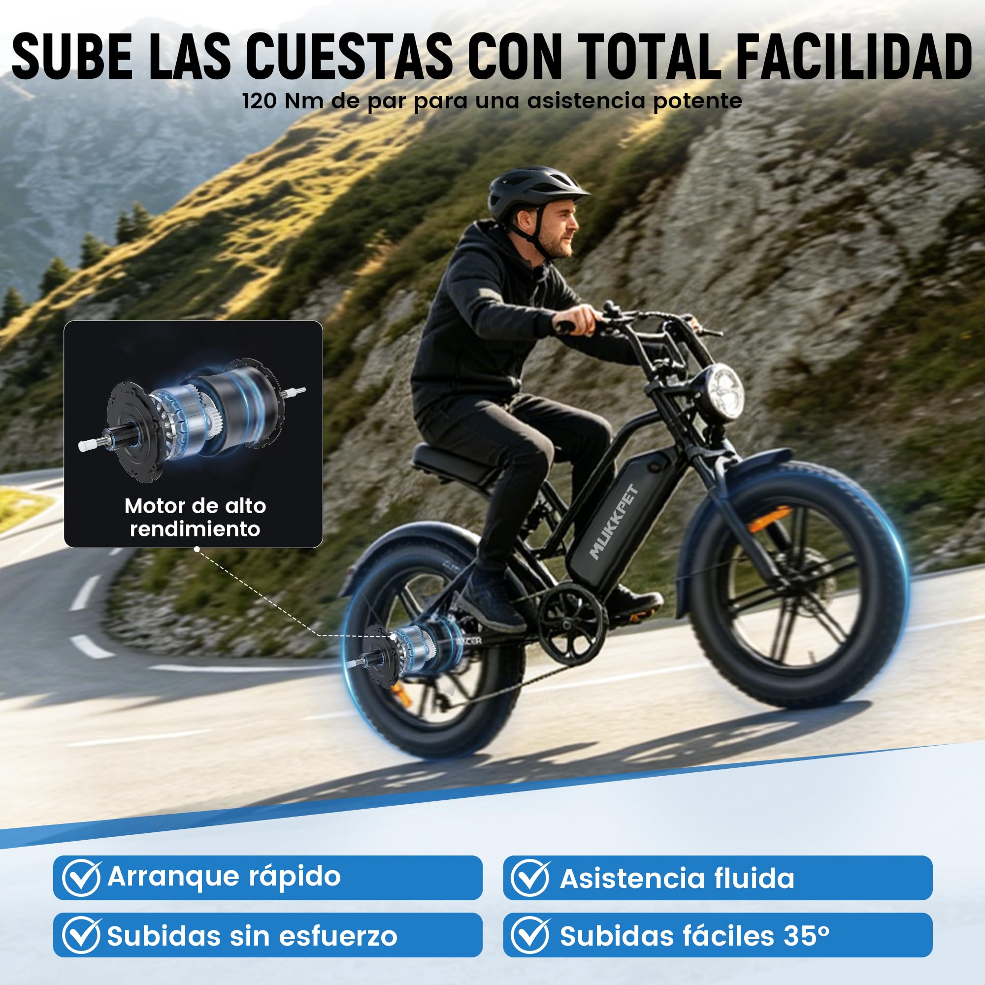 Mukkpet Racer Ebike, Bicicleta EléCtrica 48v 18ah 864Wh, AutonomíA 120 Km, para Adultos, Velocidad Legal 25 Km/H, Todoterreno, Doble SuspensióN, 7 Velocidades, NeumáTicos Fat 20” X 4.0