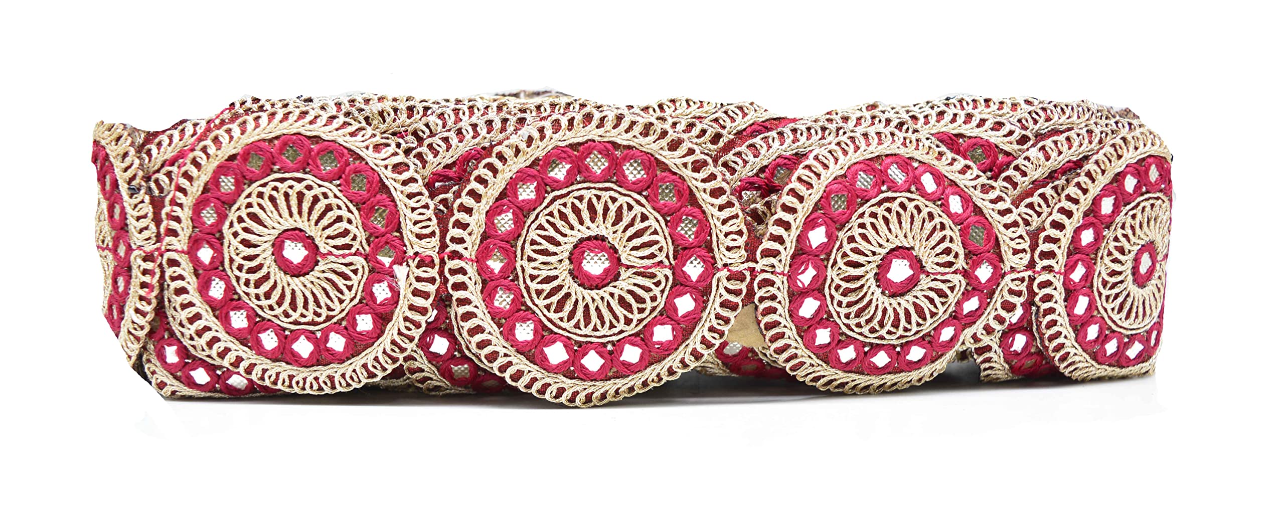 CRAFTLOVE Round Mirror Lace Net Flower Designed with Zari 9.2 Yards/ 8.5 Meters for Sewing Decoration & Crafts (6 cm Wide), Maroon
