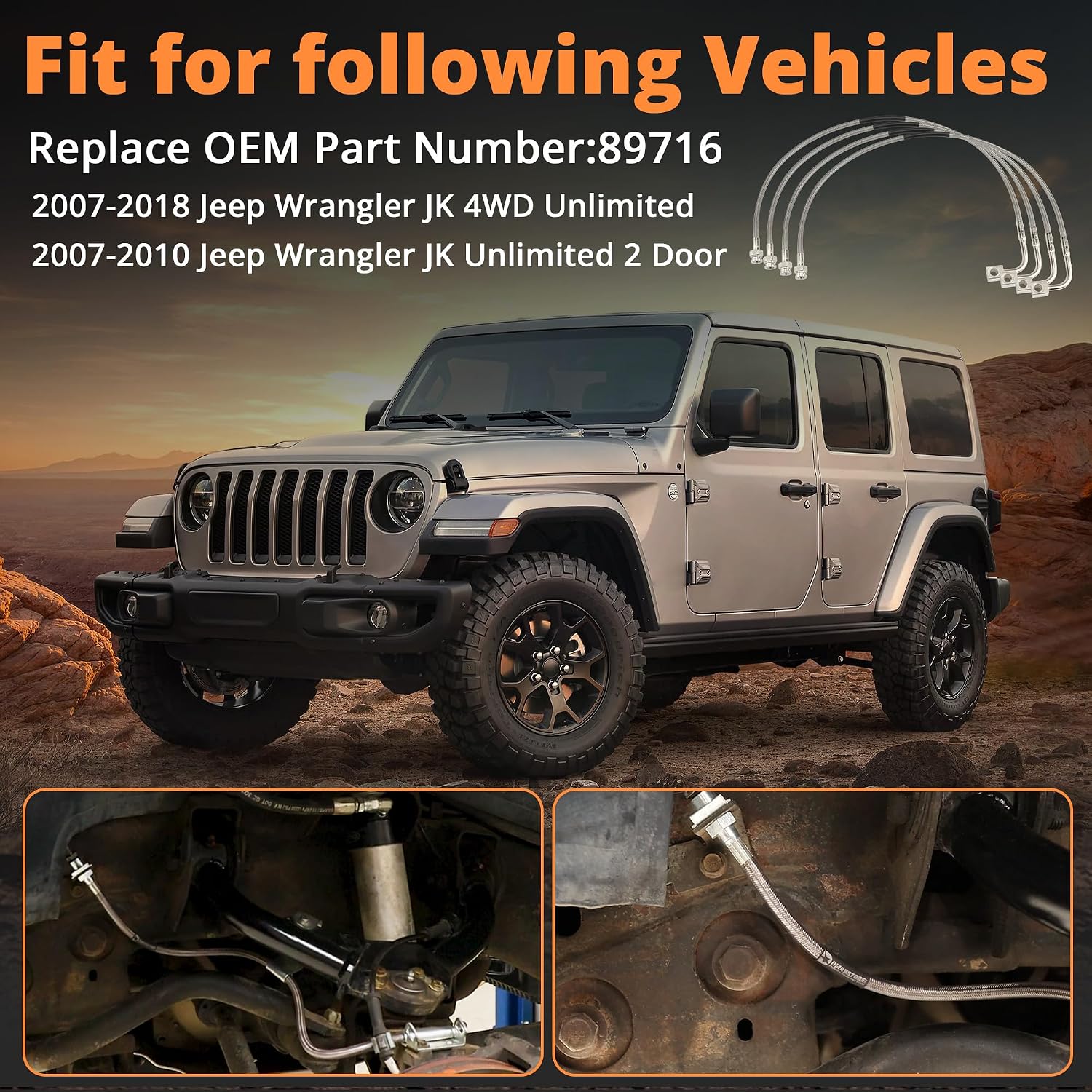 4pcs 89716 Front and Rear Extended Brake Lines for Jeep Wrangler JK JKU 2007-2018, for Sahara/Unlimited/Sport S/Rubicon Model, Flexible Stainless Steel Braided Brake Hoses Kit