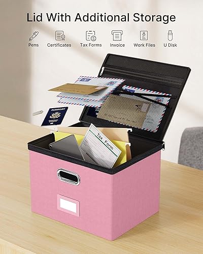 Vista 56 de Oterri Paquete de 2 cajas organizadoras de archivos con tapas, caja de archivos con bolsillos de malla, caja organizadora de documentos para Verde