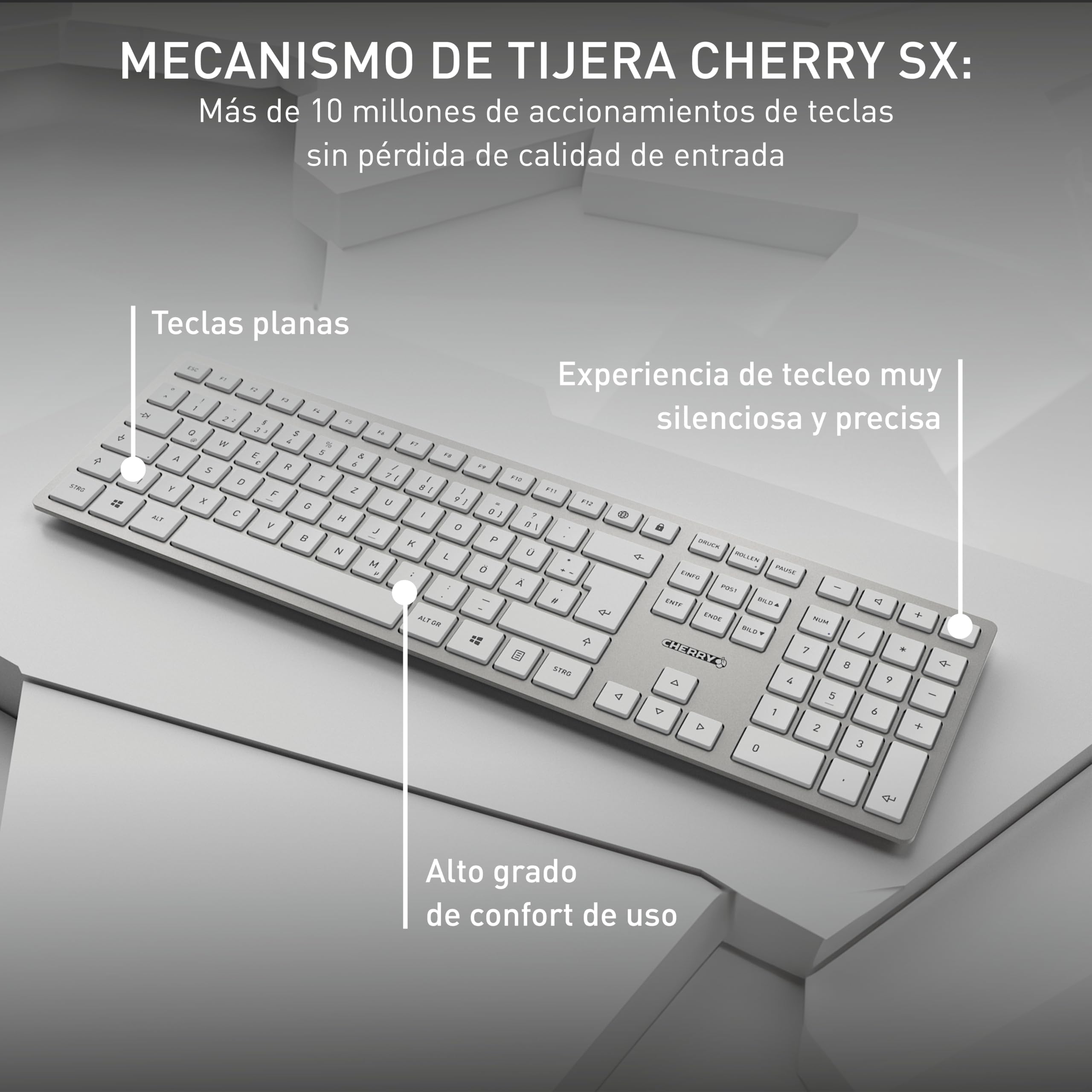 CHERRY DW 9100 SLIM, Pack de Teclado y Ratón Inalámbricos, Distribución de Teclado Alemán (QWERTZ), Bluetooth y Radiofrecuencia de 2,4 GHz, Teclas Silenciosas, Recargable, Blanco/Plateado