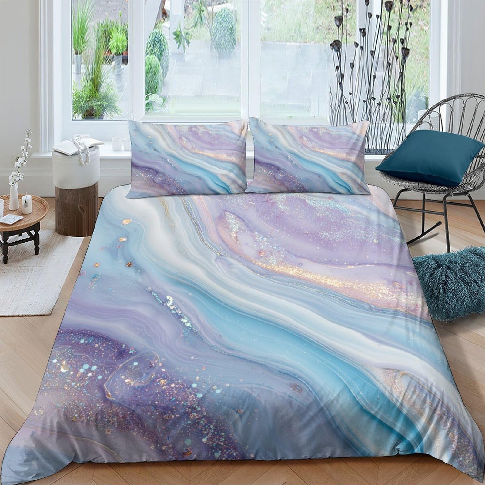 Ctjqhvkz Style-1 3D Printed Marble Blue Purple Fitted Sheet Microfiber Soft Breathable Abstract Swirl Mattress Cover Bedroom Decor Single（135X200cm）