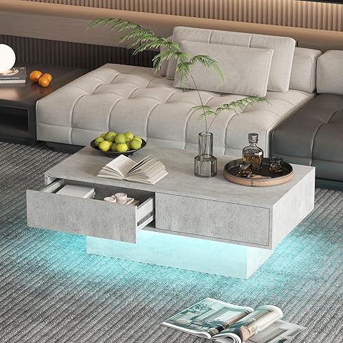 Miniatura 8 de Mesa de centro LED con 2 cajones de almacenamiento para sala de estar, mesa central moderna de cóctel, mesas de té, mesa de centro rectangular de