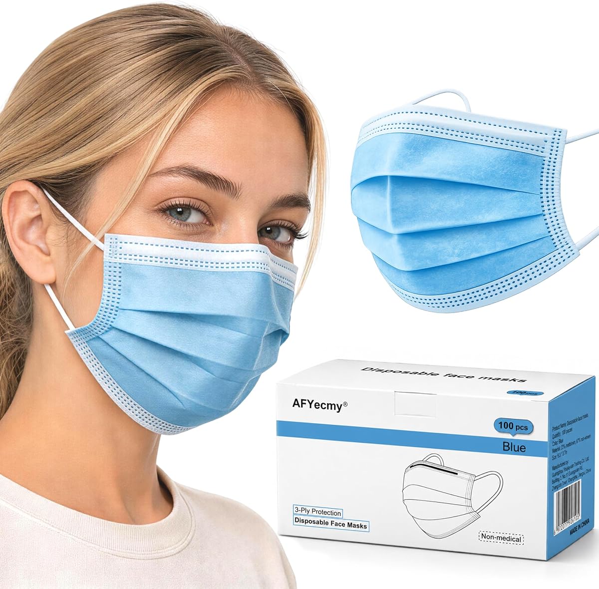 Disposable Face Masks 100 Pack, 3-Ply Breathable Masks with Soft Comfortable Earloops, Adjustable Nose Clip for Office, Travel, School & Public Use, Blue