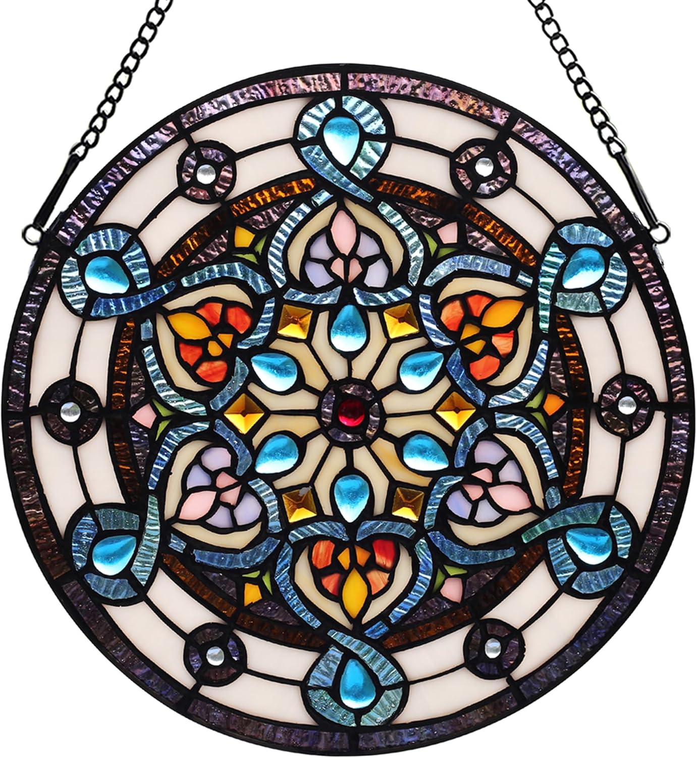 Sea Blue Flower Stained Glass Window Hangings 12" Round Tiffany Handicraft Glass Panels for Kitchen Bedroom Window Hangings with Chain - Image 2