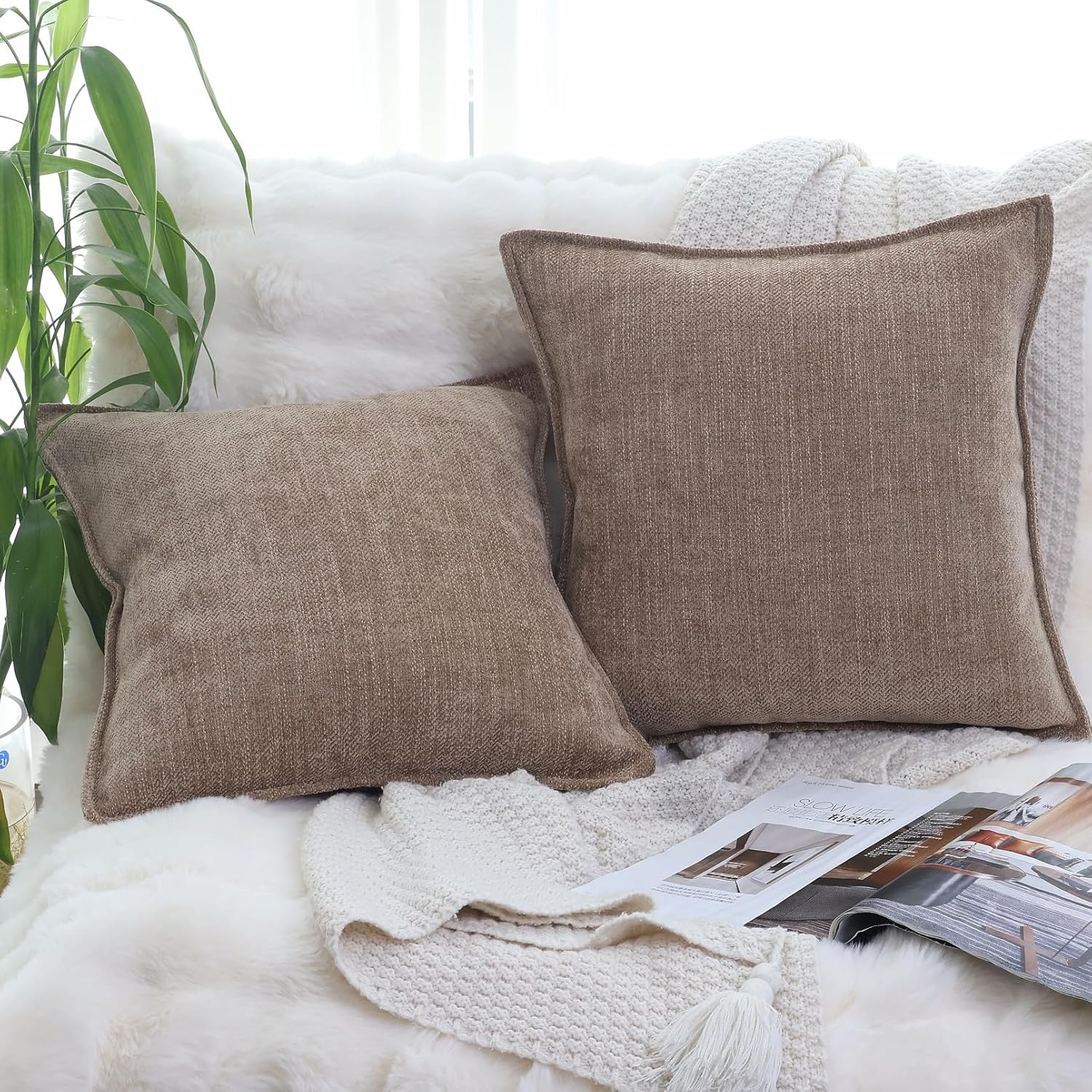 OYIMUA Soft Textured Decorative Throw Pillow Covers 20x20 Neutral Brown Chenille Square Accent Solid Cushion Cover Cozy Farmhouse Pillow Cases for Couch Sofa Bedroom Living Room