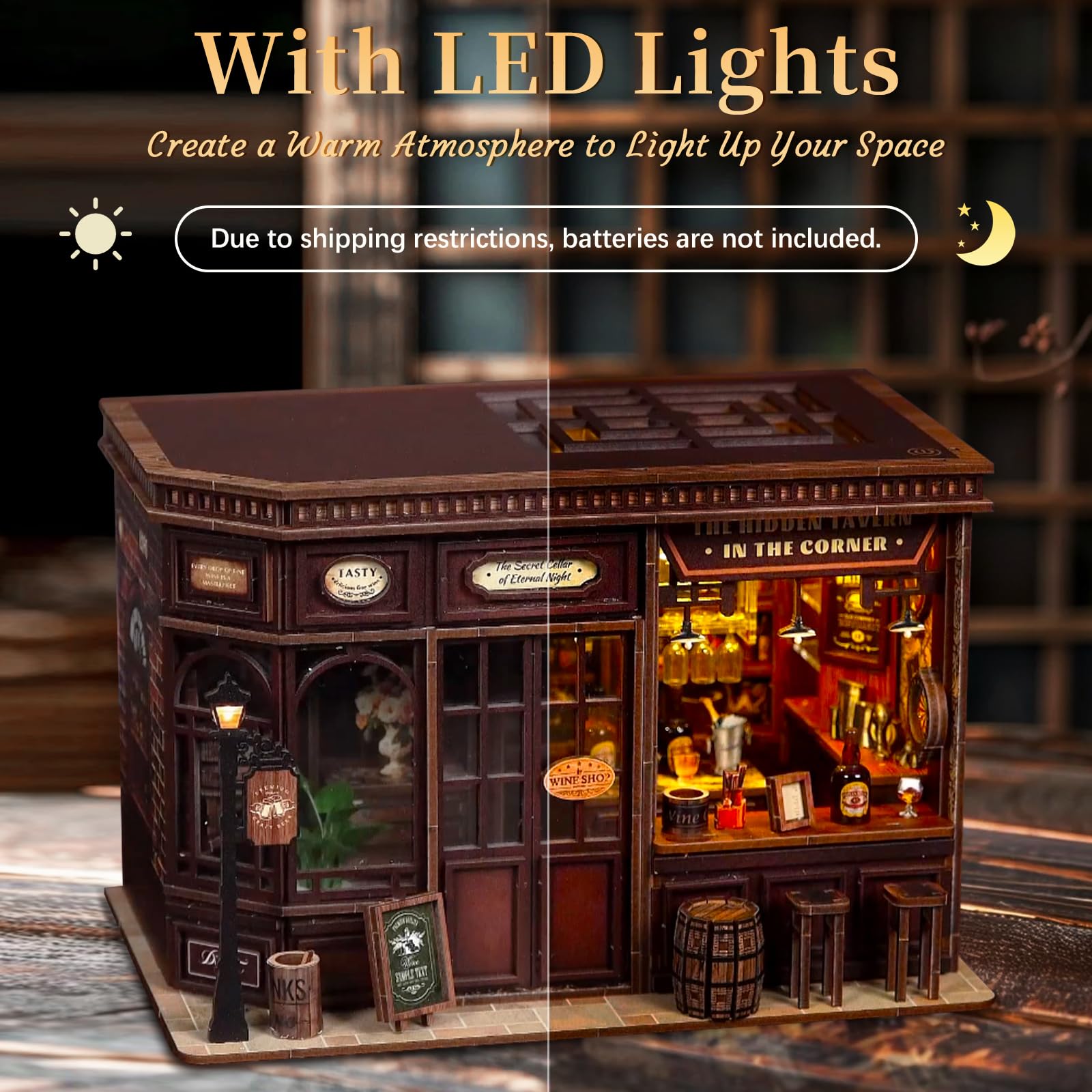Miniaturowy zestaw do samodzielnego wykonania, mini drewniany narożnik 3D, tawerna, zestaw do budowania z meblami i diodami LED, zestaw modeli domku dla lalek, ręcznie robiony dom, rękodzieło