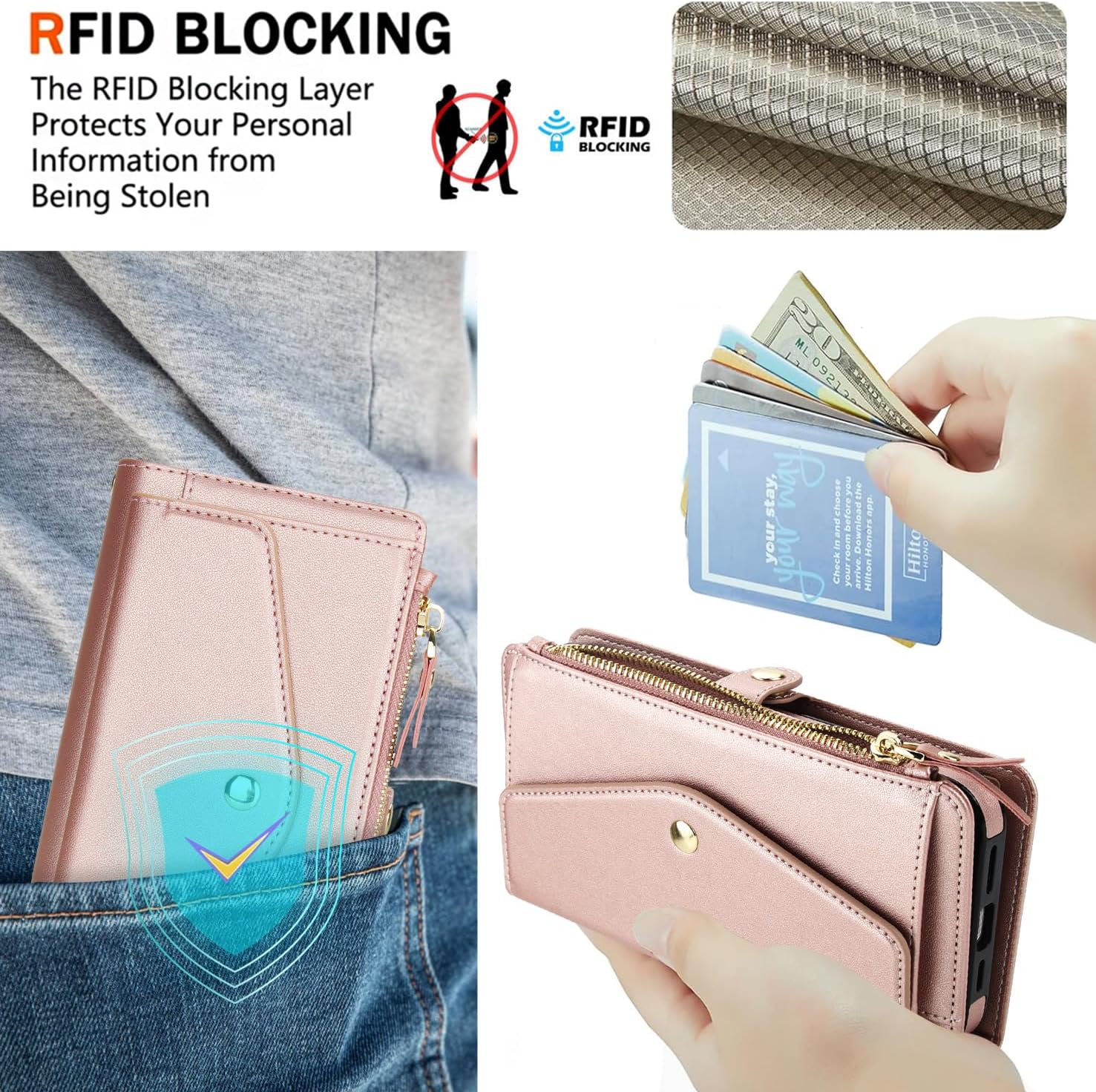 Phone Case for Samsung Galaxy S23 Ultra 5G Wallet Cover Compatible with Magsafe RFID Screen Protector Crossbody Lanyard Strap Flip Card Holder Slot Cell S23Ultra 23S S 23 23Ultra 6.8 inch Rose Gold