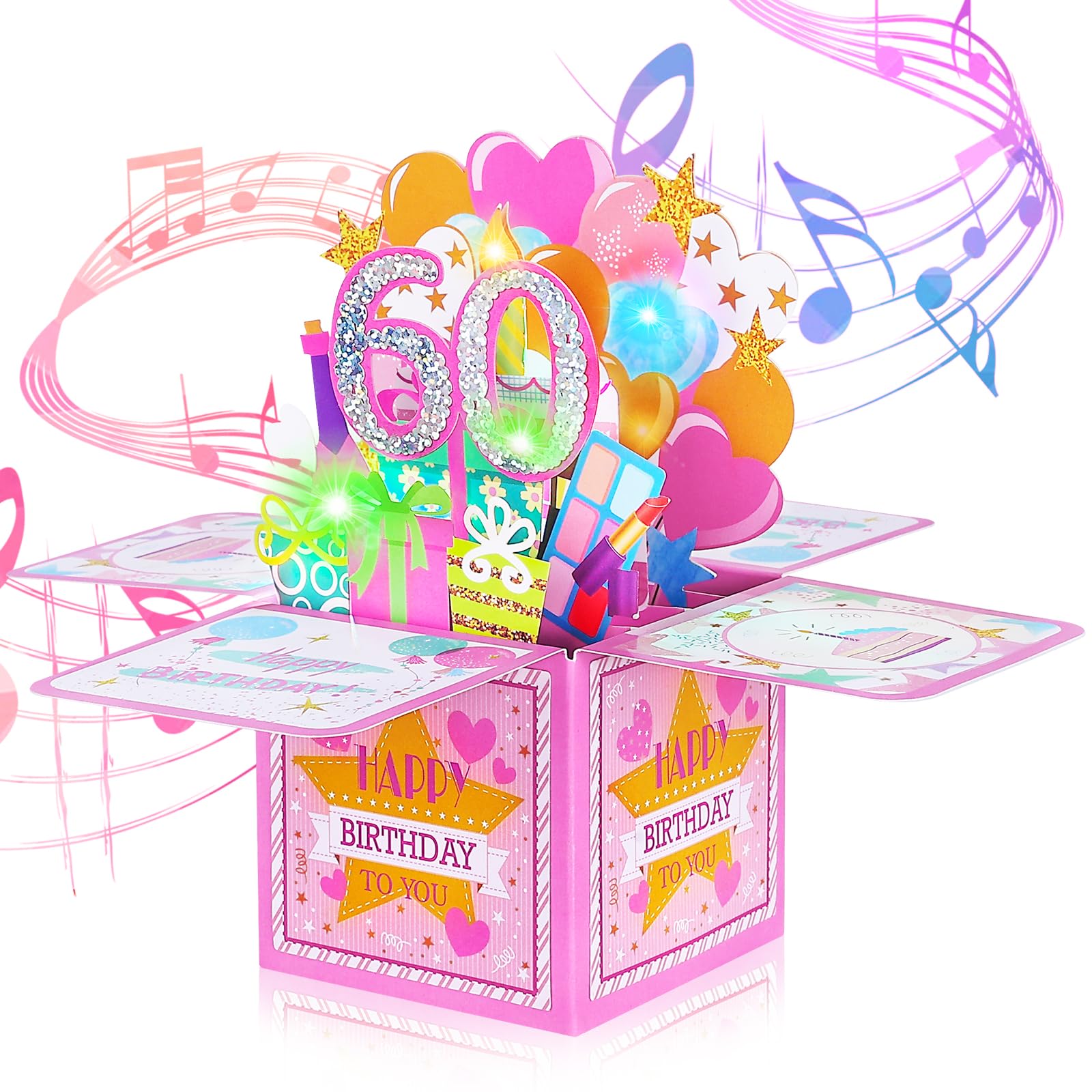 FWLWTWSS 60th Birthday Card for Women with Lights & Music, 60th Birthday Card including Blowable Candle, 3d Pop Up 60th Birthday Cards for Men Mom & Aunt & Wife