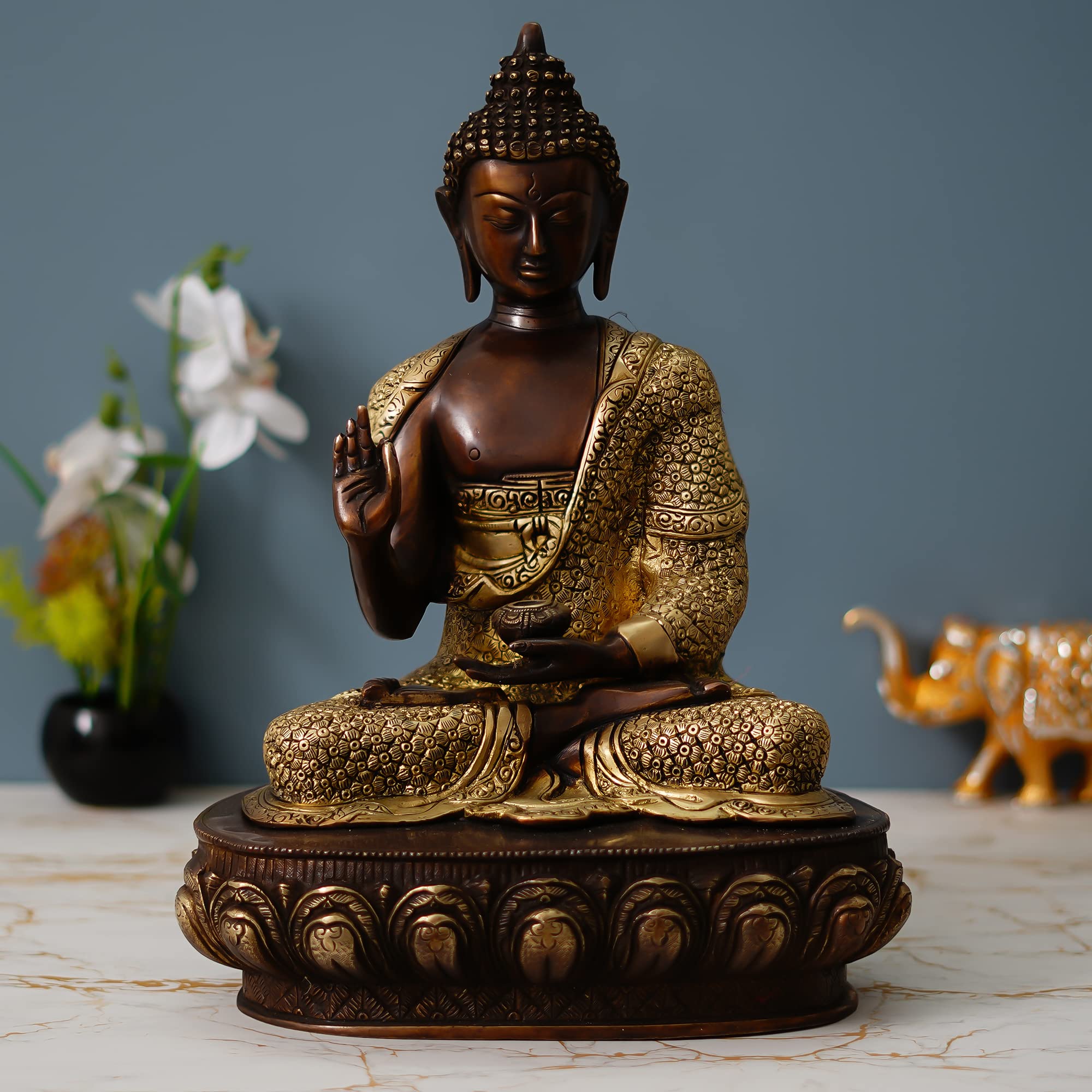 eCraftIndia Golden Brown Brass Blessing Buddha Statue| Lord Buddha Statue for Home Decor Living Room Office| Buddha Showpiece| Buddha Idol Gift for Diwali Buddha Purnima Birthday Housewarming