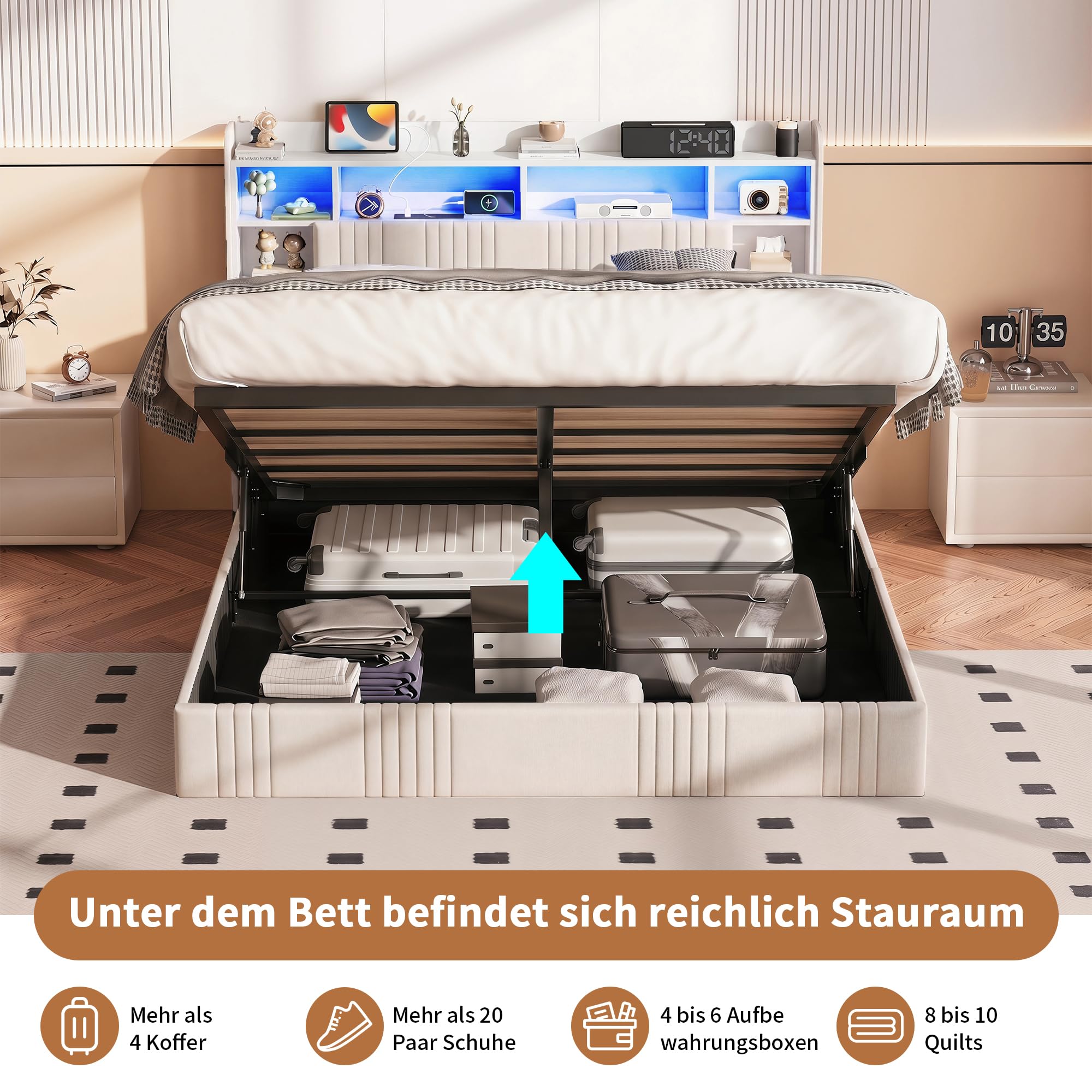 Polsterbett 140x200cm Doppelbett mit USB- und Typ-C-Ladeanschluss,LED Doppelbett Hydraulisch Stauraumbett mit Lattenrost,Jugendbett Funktionsbett,bett 140x200 mit stauraum (Beige+Leinen, 140x200cm)