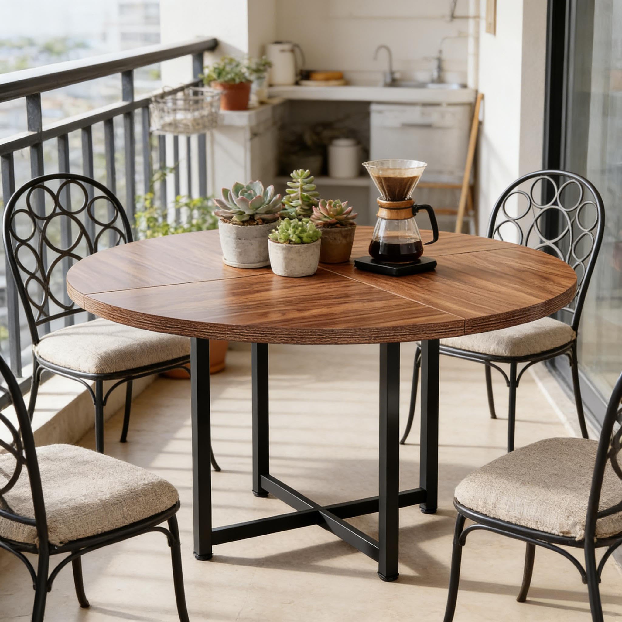 Tavolo da pranzo rotondo 120 cm - tavolo da cucina rotondo in legno e metallo, tavolo da pranzo industriale per 4-6 persone, design salvaspazio, colore nero/marrone