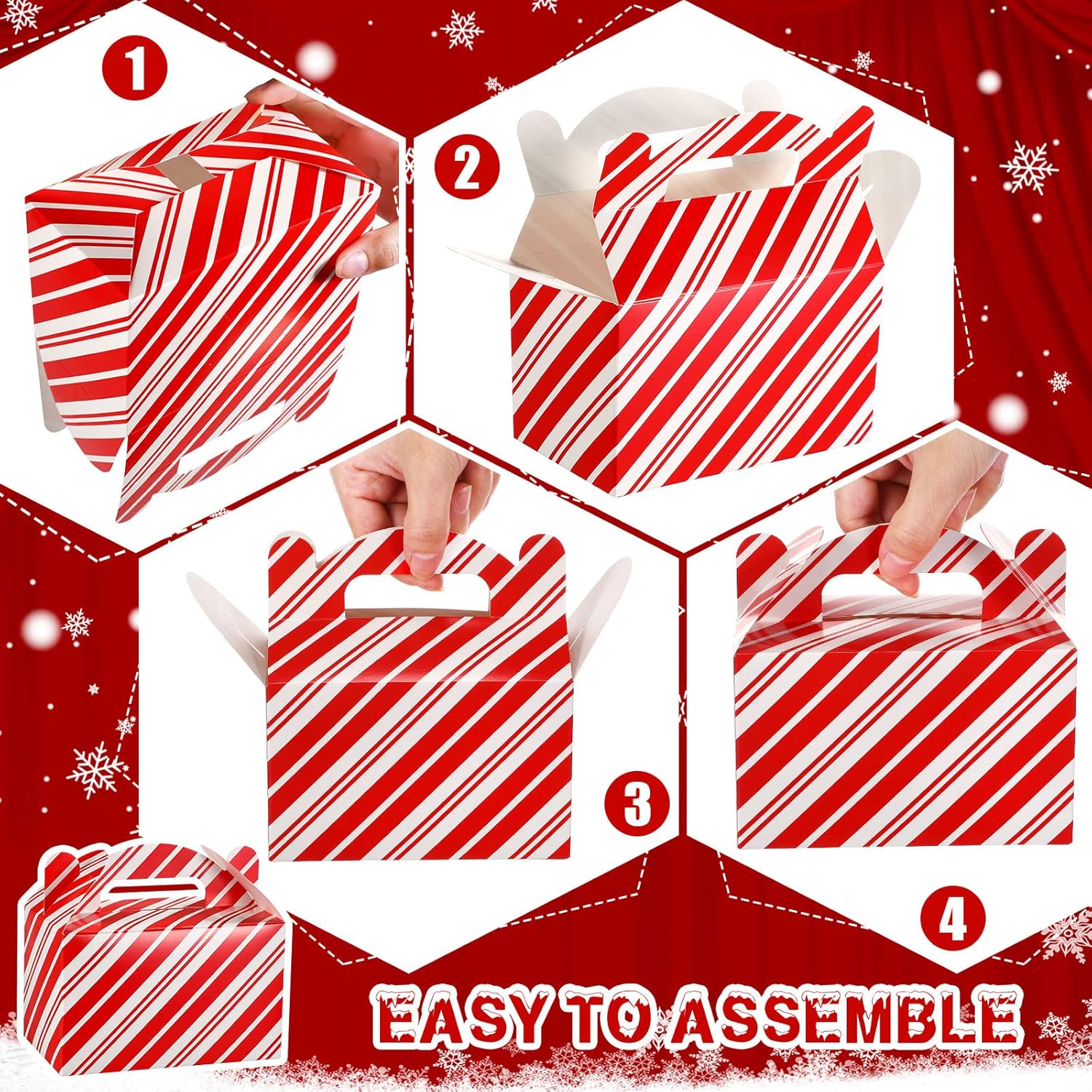 Sabary 24 Pcs Christmas Cookie Boxes Stripe Goodie Paper Candy Treat Box with Handle for Holiday Xmas Presents Party Gift Supplies - Image 3