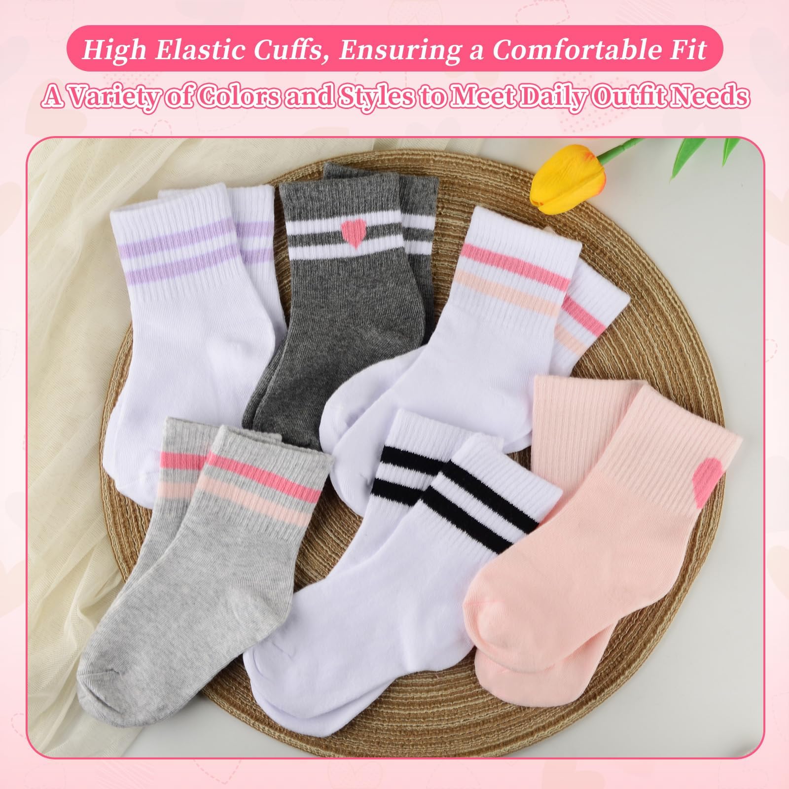 Lot de 6 paires de chaussettes de sport en coton pour enfants avec rayures mignonnes cœurs, chaussettes extensibles pour filles et garçons de 3 à 12 ans
