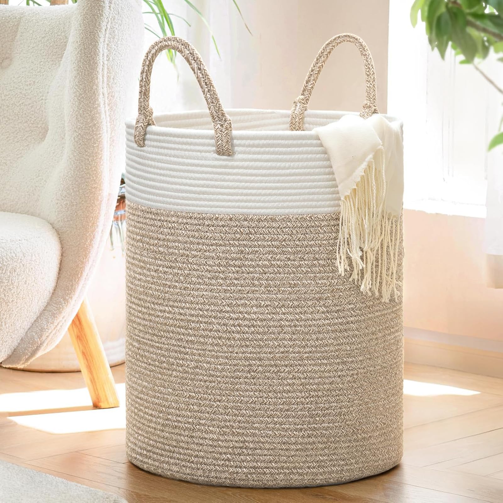 INDRESSME Tall Wicker Laundry Basket, Large Woven Clothes Hamper for Bedroom, Bathroom, Living room, Tall Nursery Hamper for Blankets, Toys, 16 x 20 inches White & BrownGlobal Recycled StandardGlobal Recycled StandardGlobal Recycled Standard
