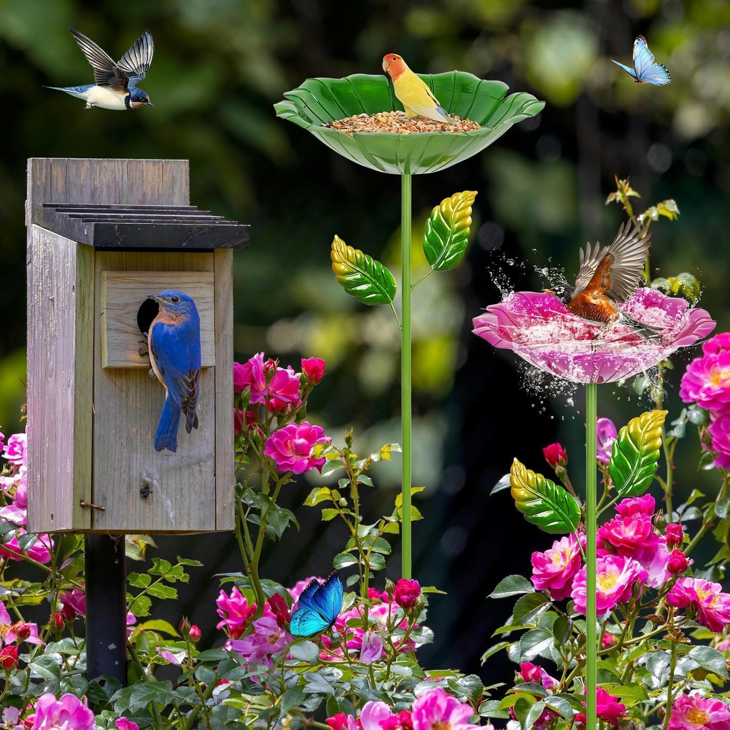 2 Pack Bird Baths for Outdoors, Colorful Metal Bird Bath for Outside, Hummingbird Bath with Five Stakes, Garden Flower Small Birdbath for Garden Decor, 31.3" H x 10.63" Dia (Red,Green)