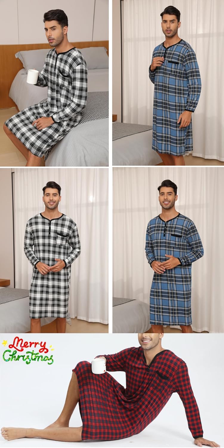 Men's Plaid Long Sleeve Nightshirt Knee-Length Sleepwear with Chest Pocket Sleepwear - Image 6