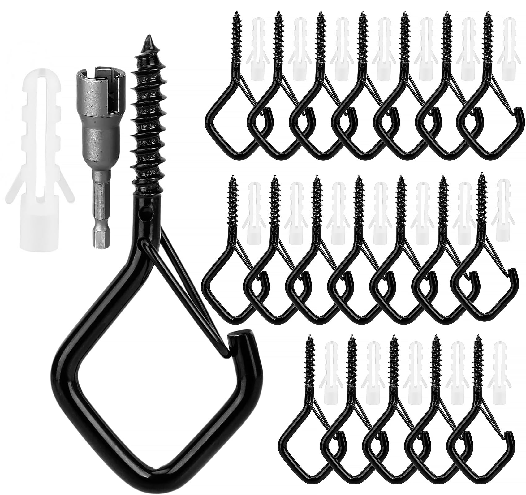 Gaodeding 20-Piece Ceiling Hooks with Safety Clasps, 40-Pound Load, Black Metal Screw Hooks, Indoor and Outdoor Use