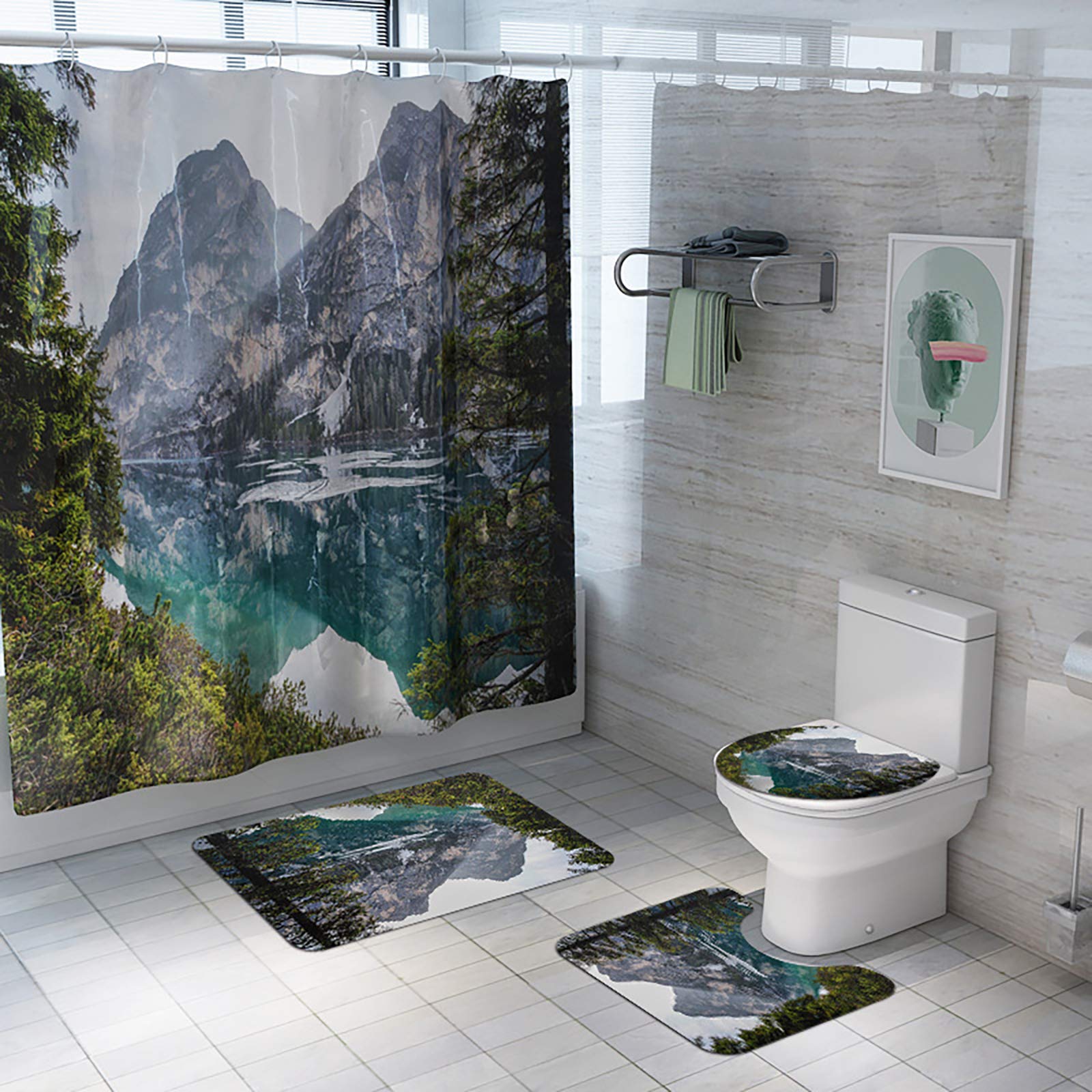 Rideau de douche haut de gamme effet marbre naturel et set de tapis confort 4 pièces