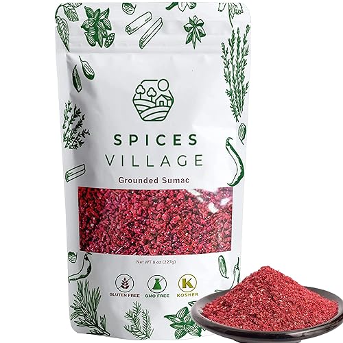 SPICES VILLAGE Especias de zumaque molido, condimento de zumaque, 8 onzas, polvo de zumaque, certificado Kosher, sin gluten, sin OMG, bolsa